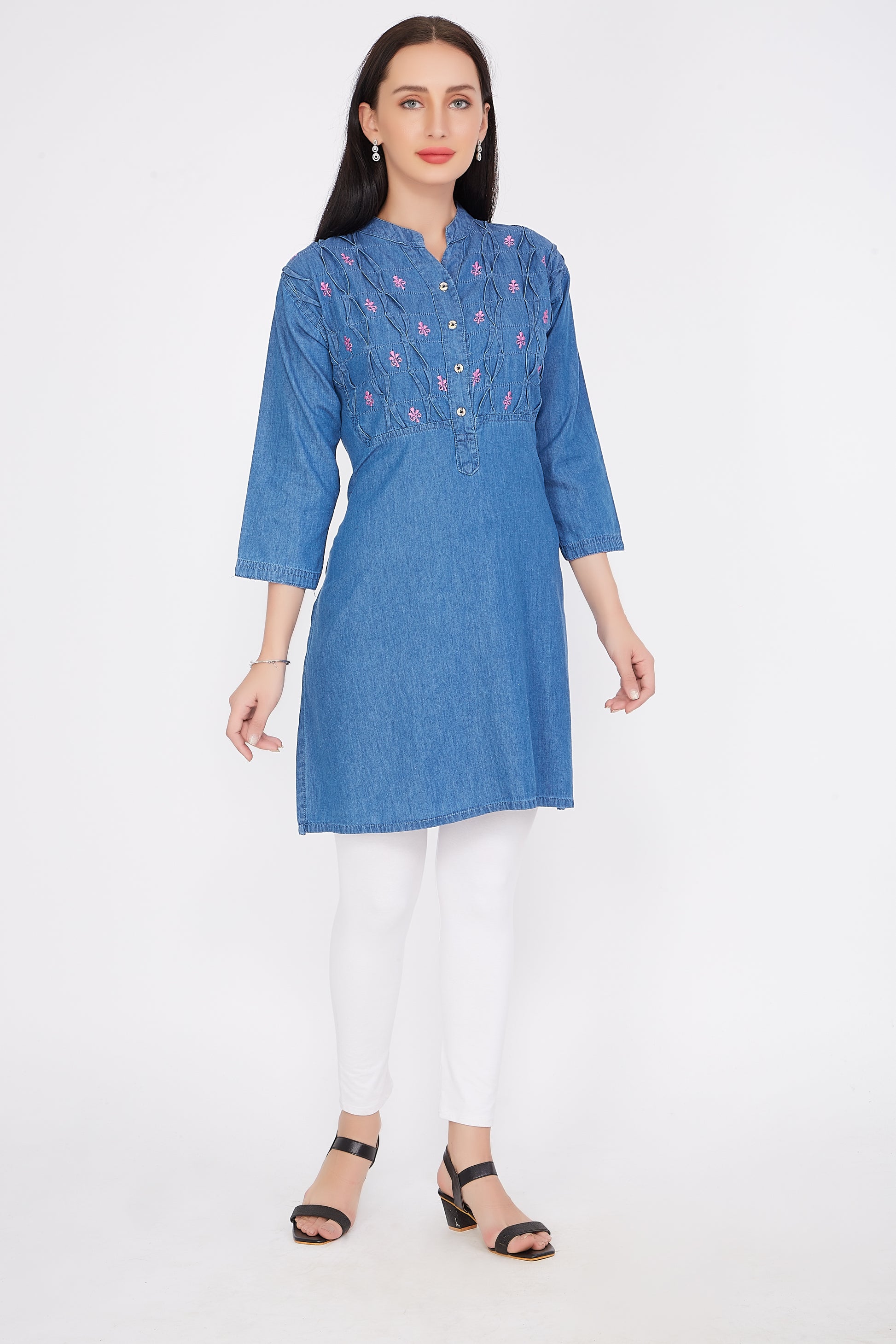 Front view of Cefalu®️ Women’s Blue Denim Kurti, showing the straight cut, 3/4 sleeves, and mandarin collar with beautiful embroidery.