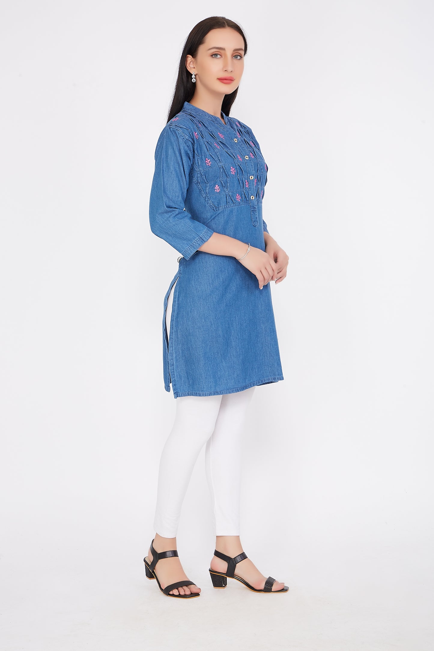 Left side view of Cefalu®️ Women’s Blue Denim Kurti, emphasizing the 3/4 sleeves and stylish straight silhouette.