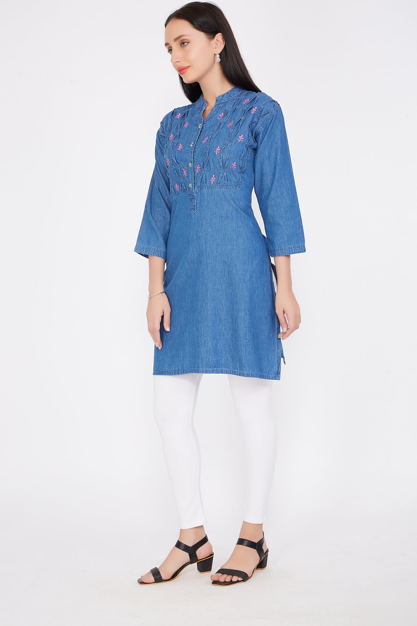 Full model view wearing Cefalu®️ Women’s Blue Denim Kurti, demonstrating its fit, embroidery, and elegant style.