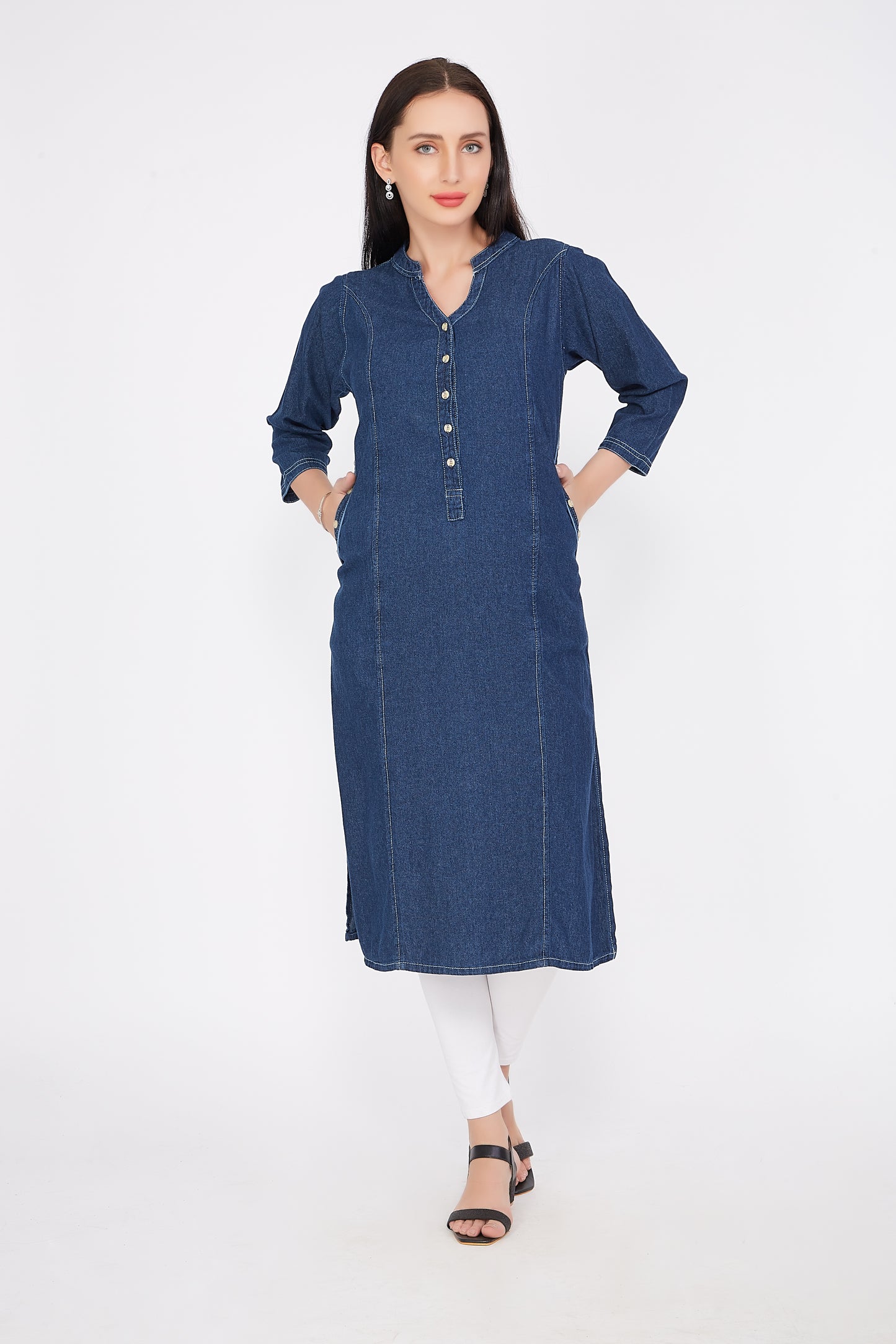 Cefalu®️ Women’s Blue Denim Kurti with Attached Jacket, Round Neckline, and 3/4 Sleeves