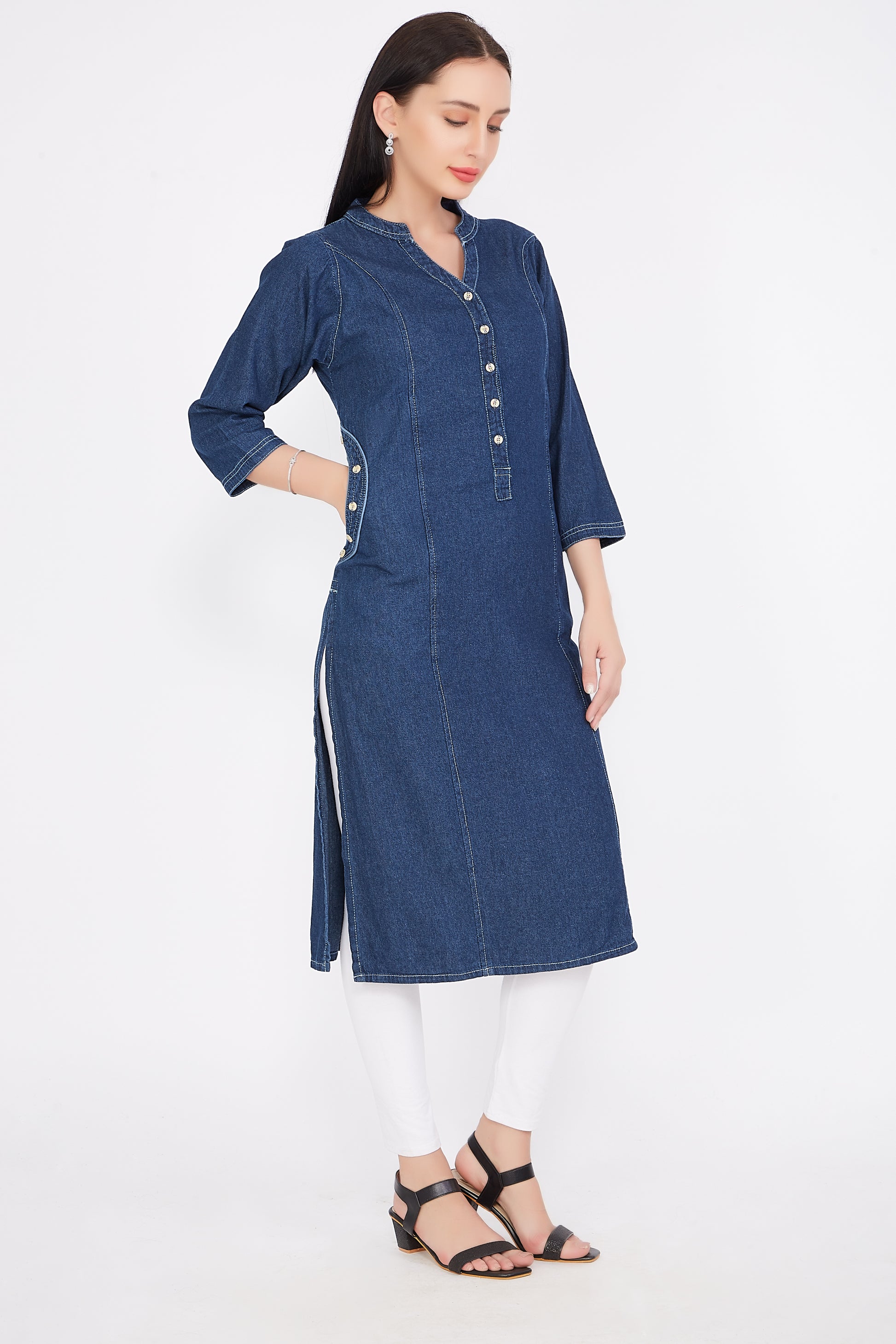 Side View of Cefalu®️ Women’s Blue Denim Kurti, Showing Attached Jacket and 3/4 Sleeves