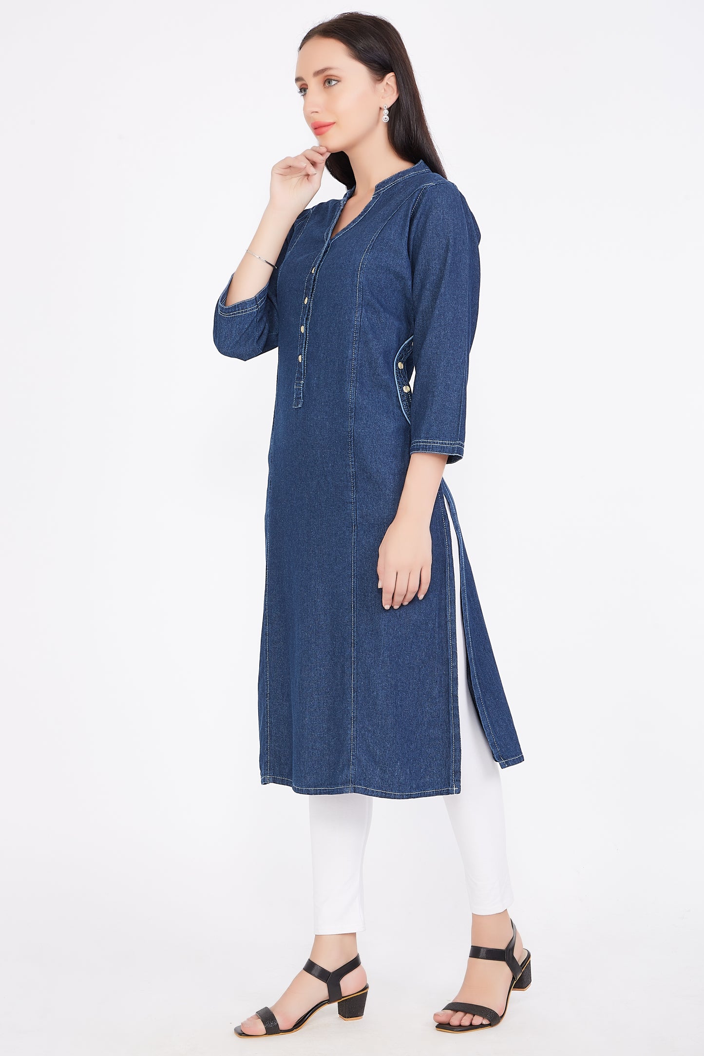 Model Wearing Cefalu®️ Women’s Blue Denim Kurti, Featuring Attached Jacket and 3/4 Sleeves