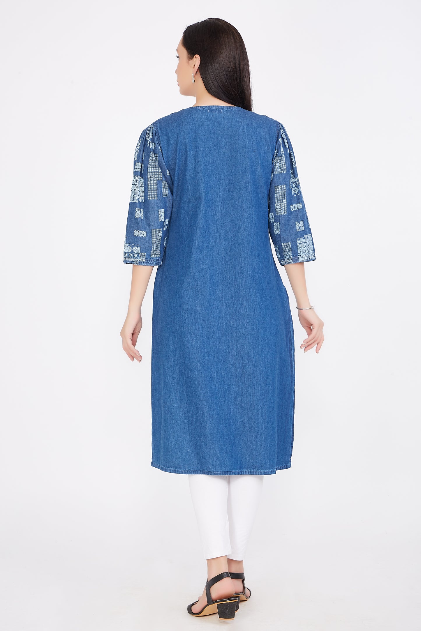 Back view of Cefalu®️ Women’s Blue Denim Kurti, showcasing the attached printed jacket and straight cut design.