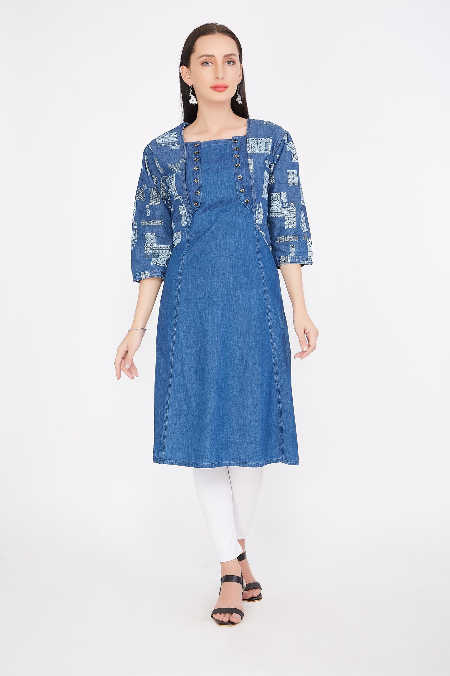 Cefalu®️ Women’s Blue Denim Kurti worn by a model, featuring a square neck, attached printed jacket, and 3/4 sleeves.