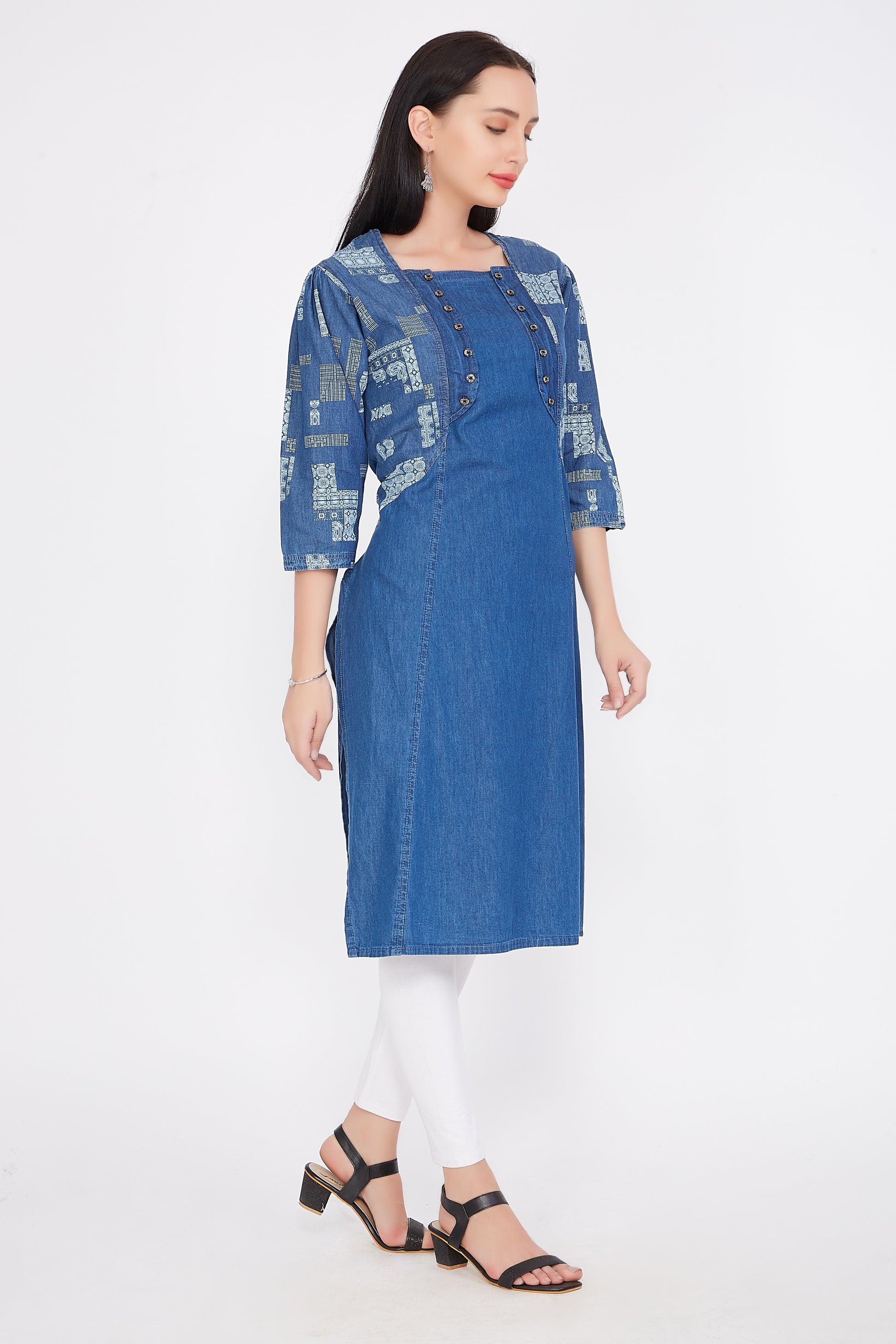 Side view of Cefalu®️ Women’s Blue Denim Kurti, displaying the straight fit, 3/4 sleeves, and attached printed jacket.