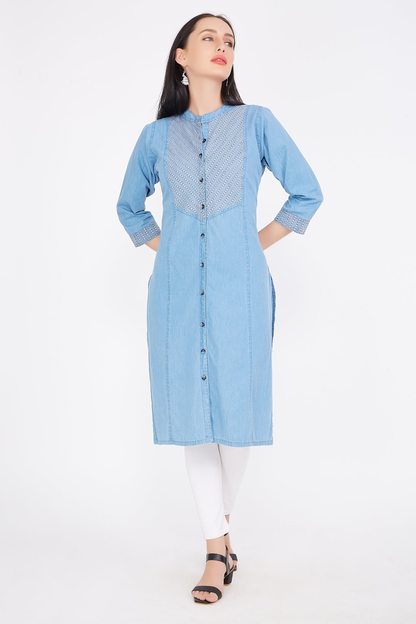 Cefalu®️ Women’s Light Blue Denim Kurti with Embellished Design and Mandarin Collar, 3/4 Sleeves