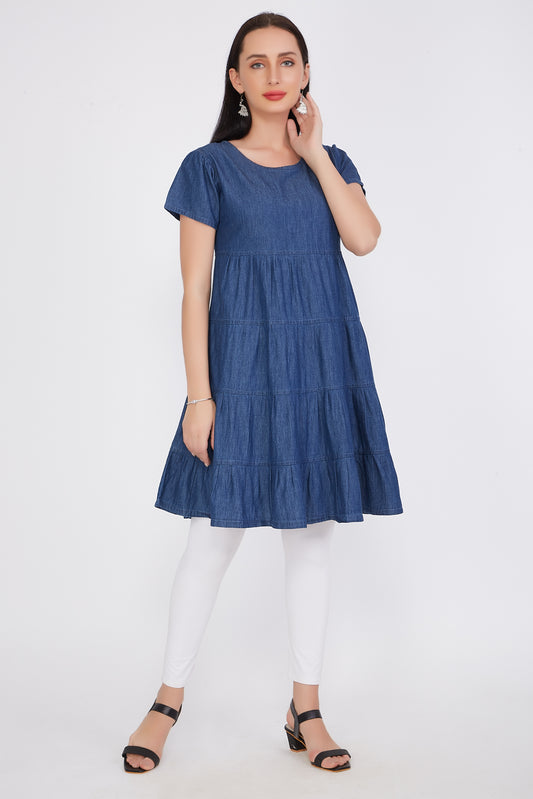 Front view of Cefalu®️ Women’s Dark Blue A-Line Denim Dress featuring knee length, round neck, and puffed half sleeves.