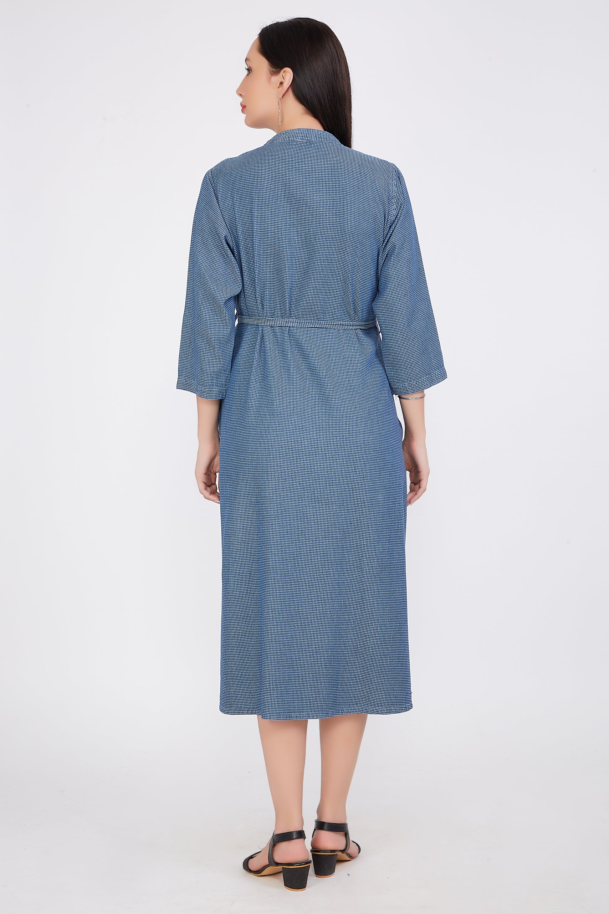 Back view of Cefalu®️ Women’s Blue Maternity Dress, featuring a full button closure and soft cotton blend fabric.