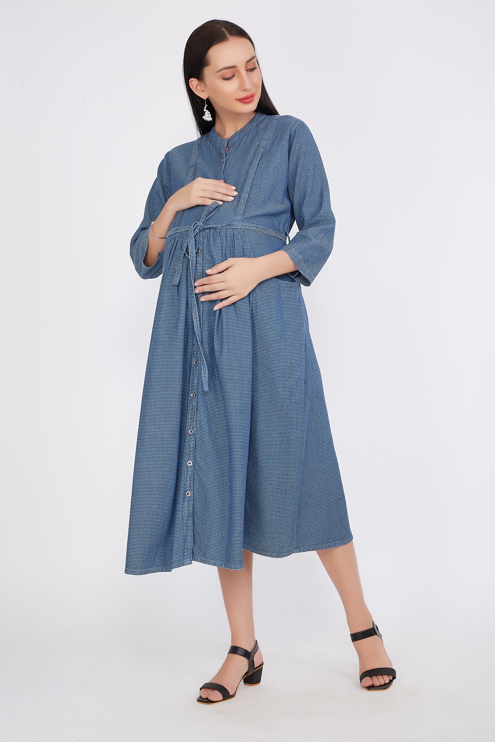 Cefalu®️ Women’s Blue Maternity Dress made from soft cotton blend, featuring a full button front, mandarin collar, and 3/4 sleeves.