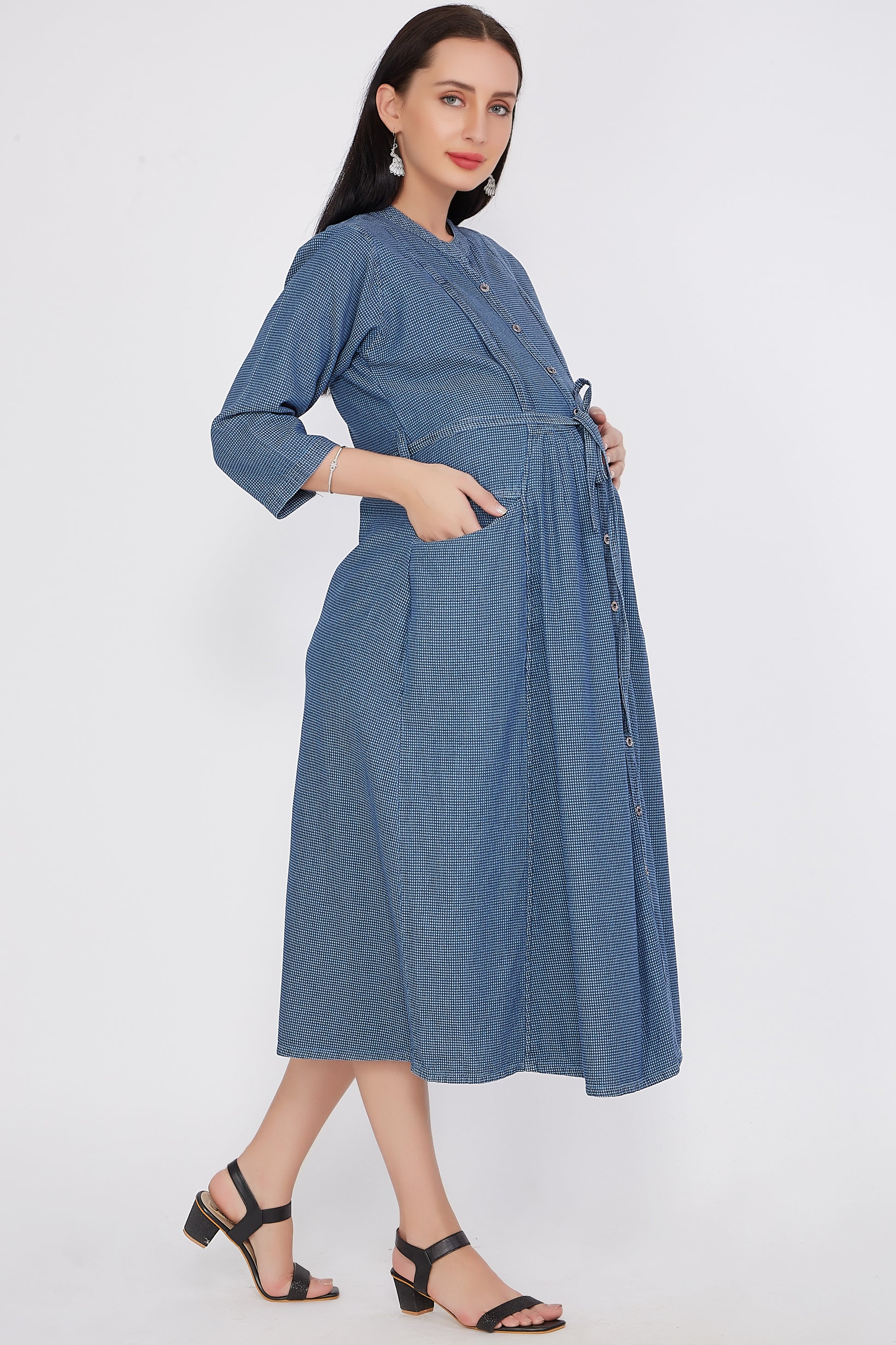 Side view of Cefalu®️ Women’s Blue Maternity Dress, showcasing the flared fit and soft cotton blend fabric.