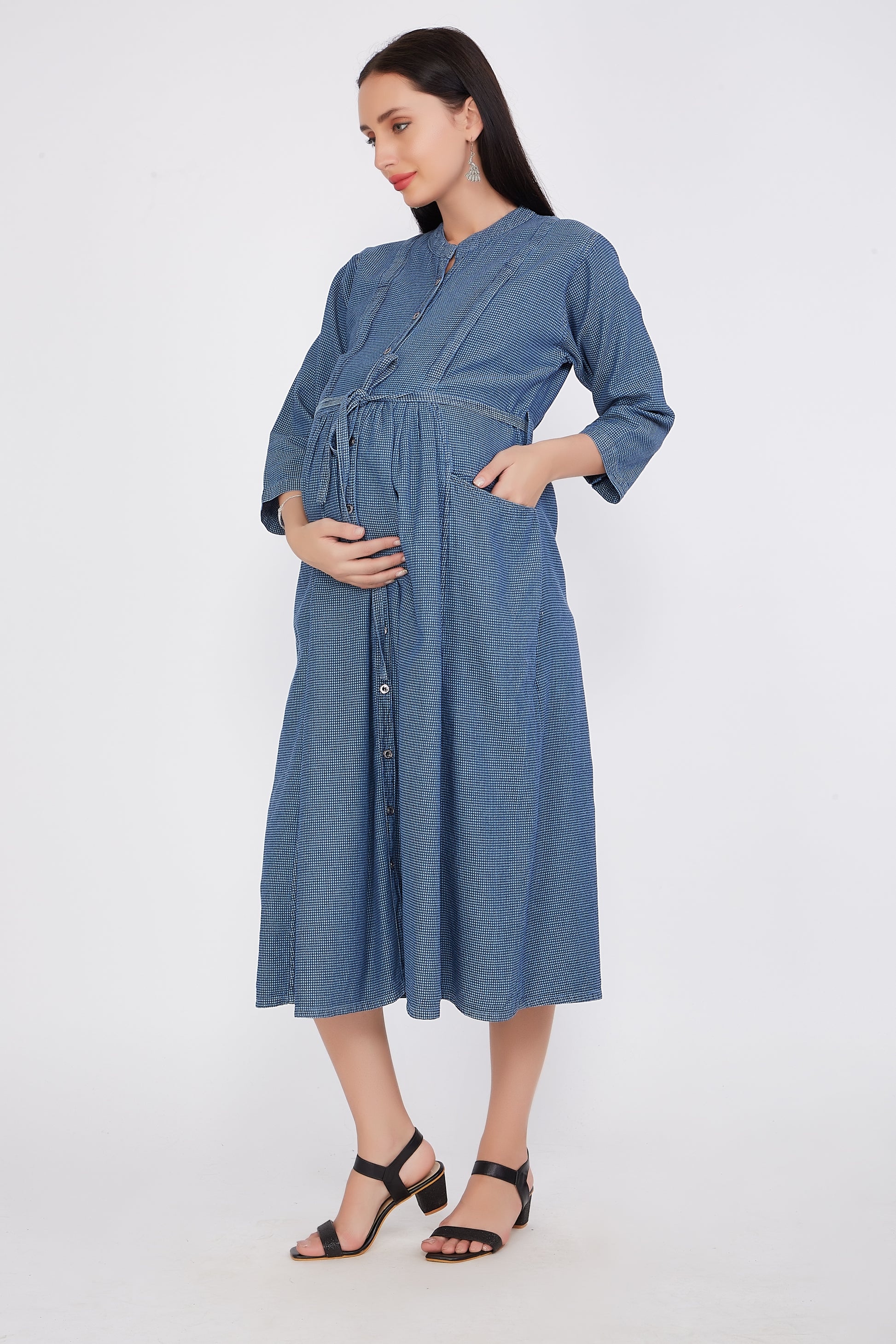 Cefalu®️ Women’s Blue Maternity Dress worn by a model, showcasing the flattering fit and elegant design.