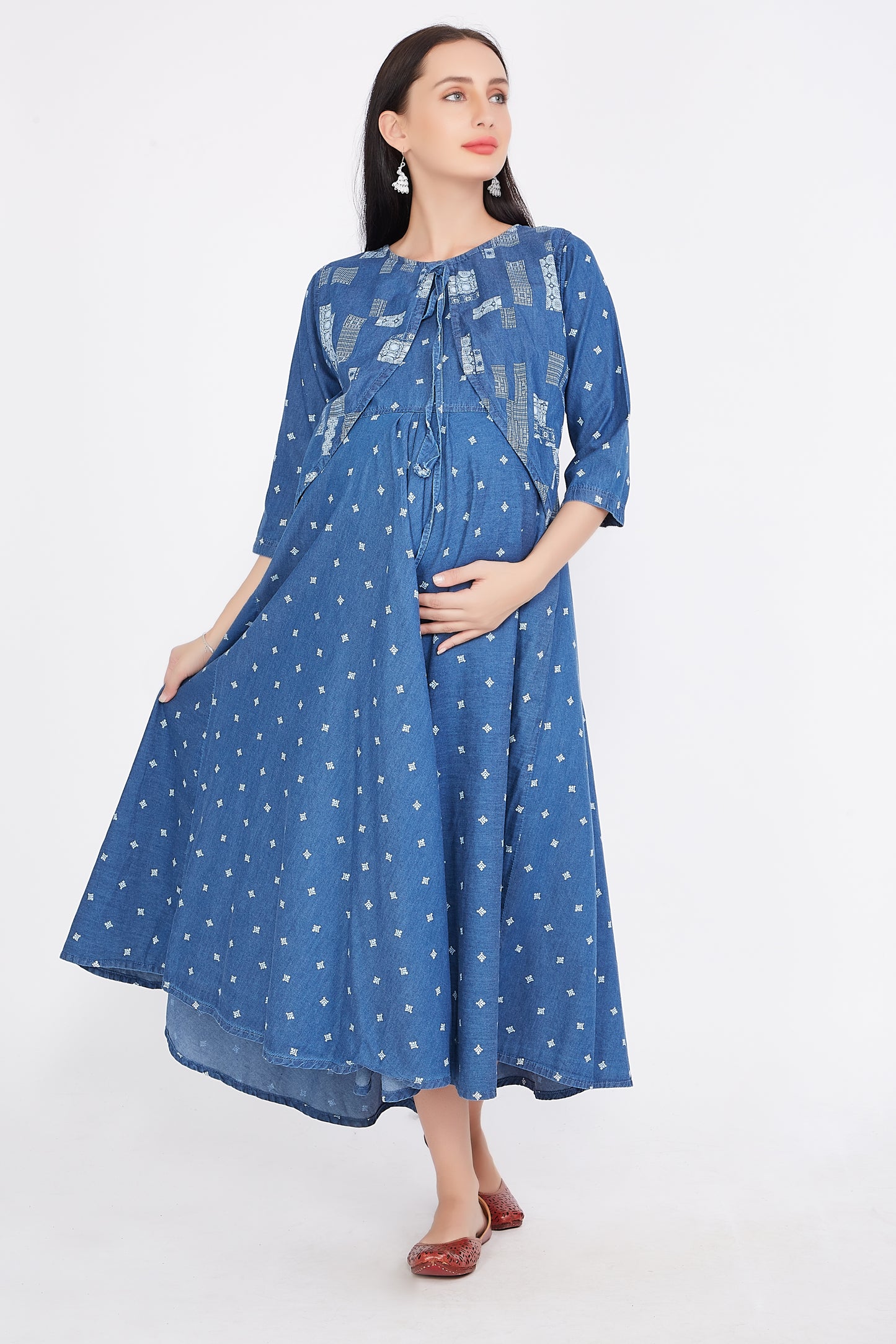 Front view of Cefalu®️ Women’s Blue Maternity Dress, showcasing the printed design, round neck, and flared silhouette with 3/4 sleeves.