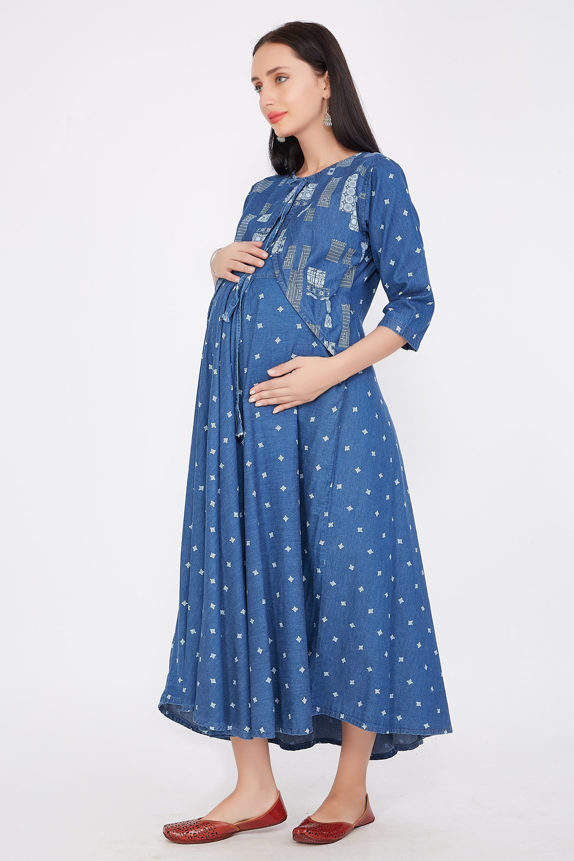 Full-length view of a model wearing Cefalu®️ Women’s Blue Maternity Dress, demonstrating the stylish fit and versatile design.