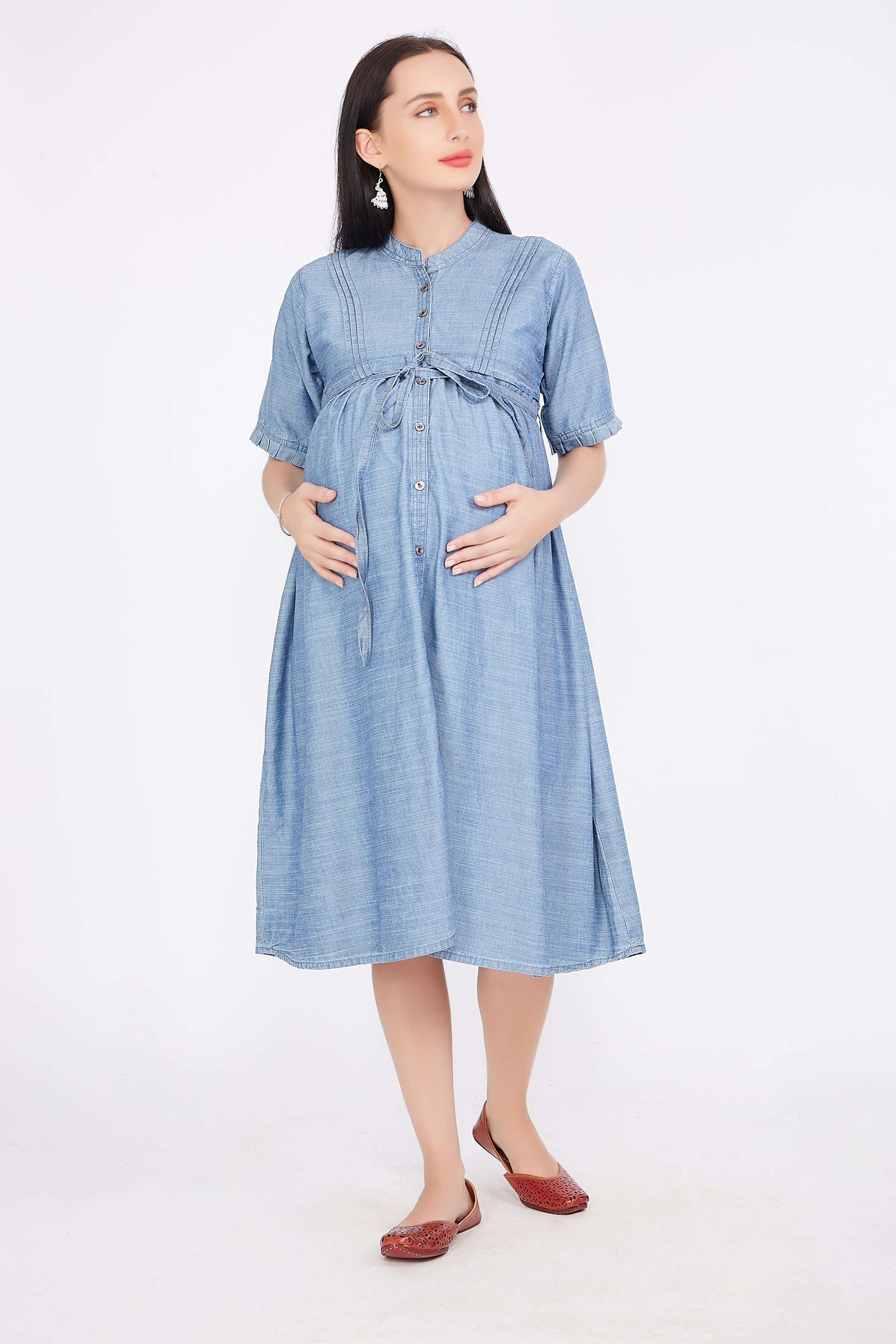 Front view of Cefalu®️ Women’s Light Blue Maternity Dress, showcasing the below knee length, mandarin collar, and half sleeves.