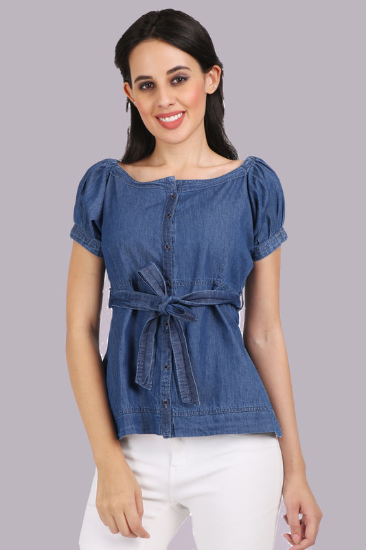 Cefalu Women's Blue Denim Top with Puff Sleeves - Front View