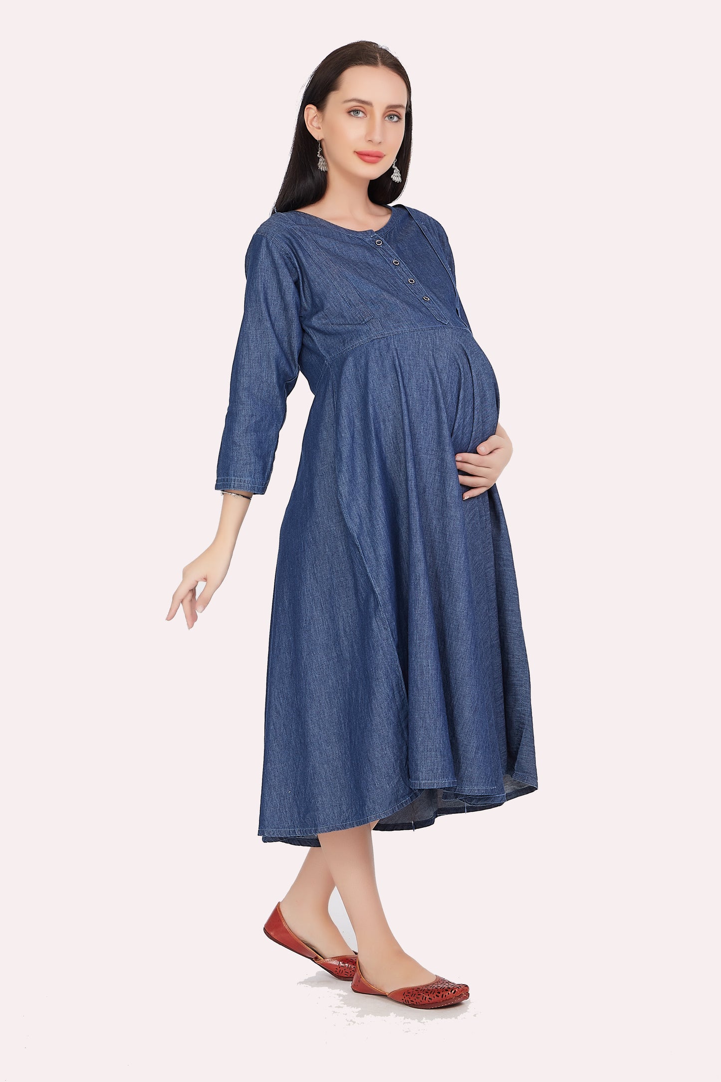 Model Wearing Cefalu®️ Women’s Dark Blue Fit and Flare Maternity Dress with Round Collar and 3/4 Sleeves