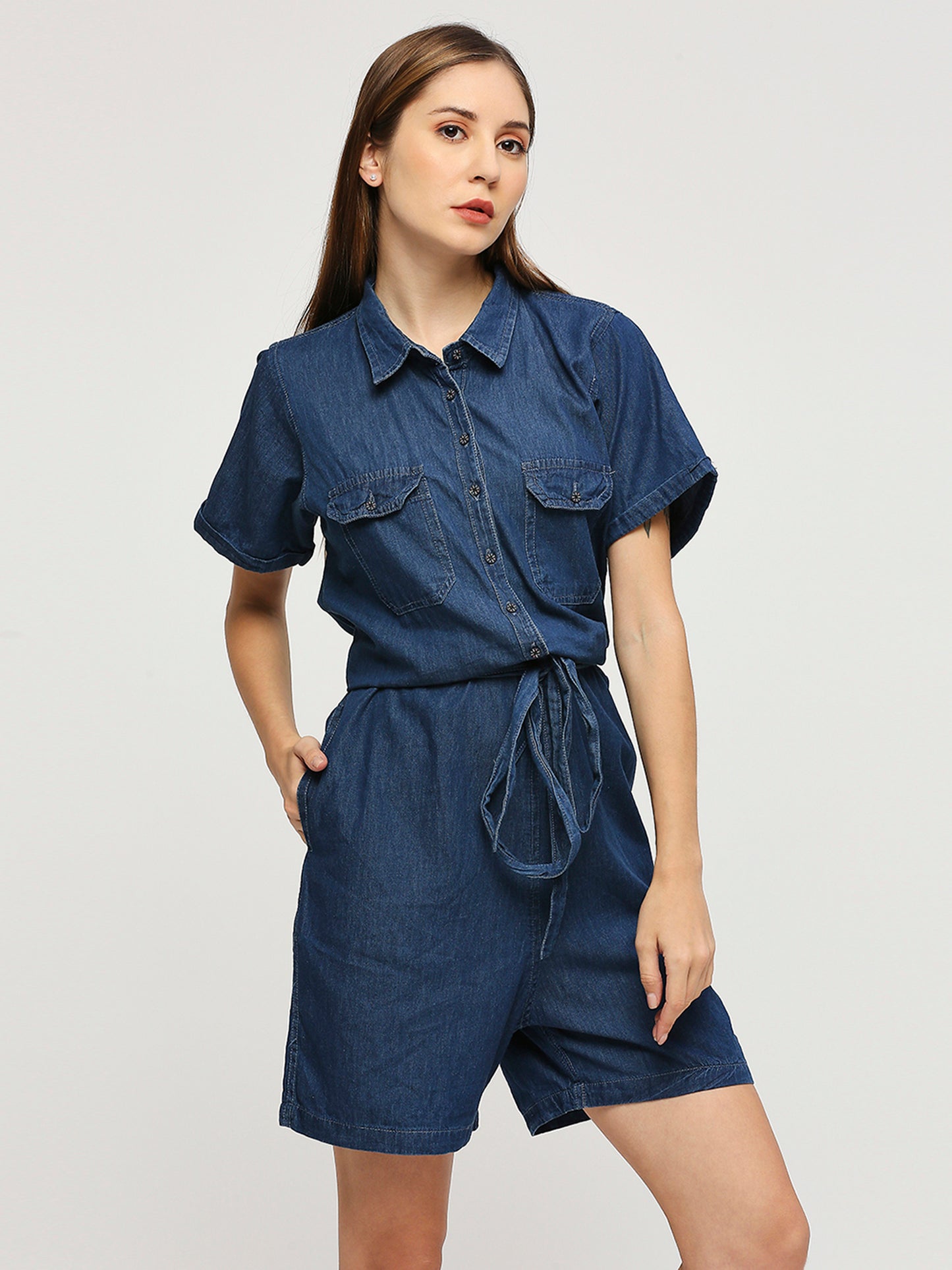 Cefalu®️ BLUE Denim half jumpsuit shorts Dress with spread collar for Women