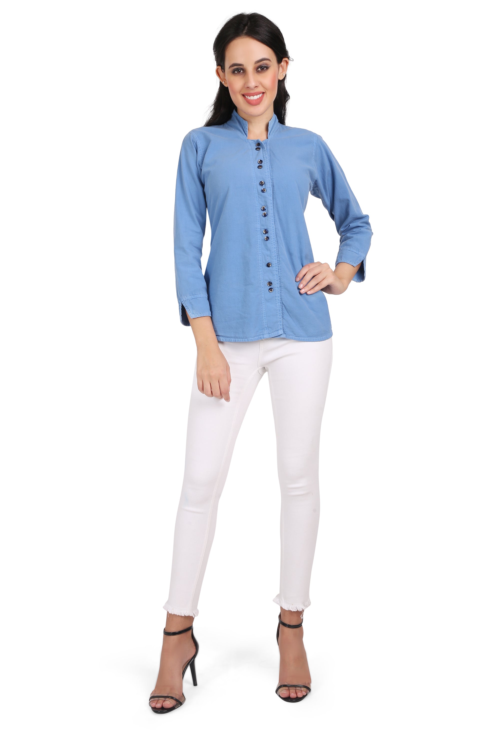 Model Wearing Cefalu Women’s Light Blue Denim Top – Styled for Office and Casual Wear