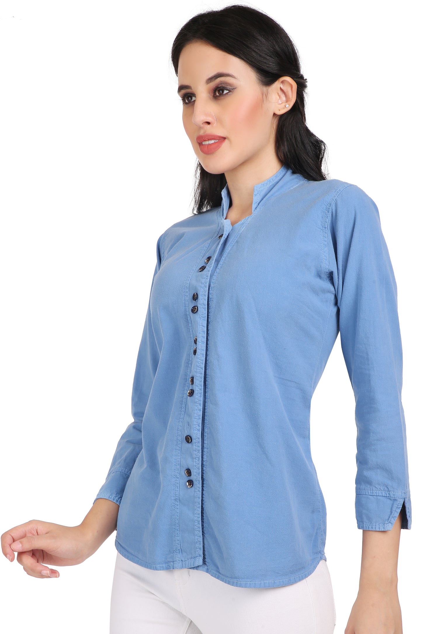 Close-Up of Premium Denim Fabric on Cefalu Women’s Light Blue Top