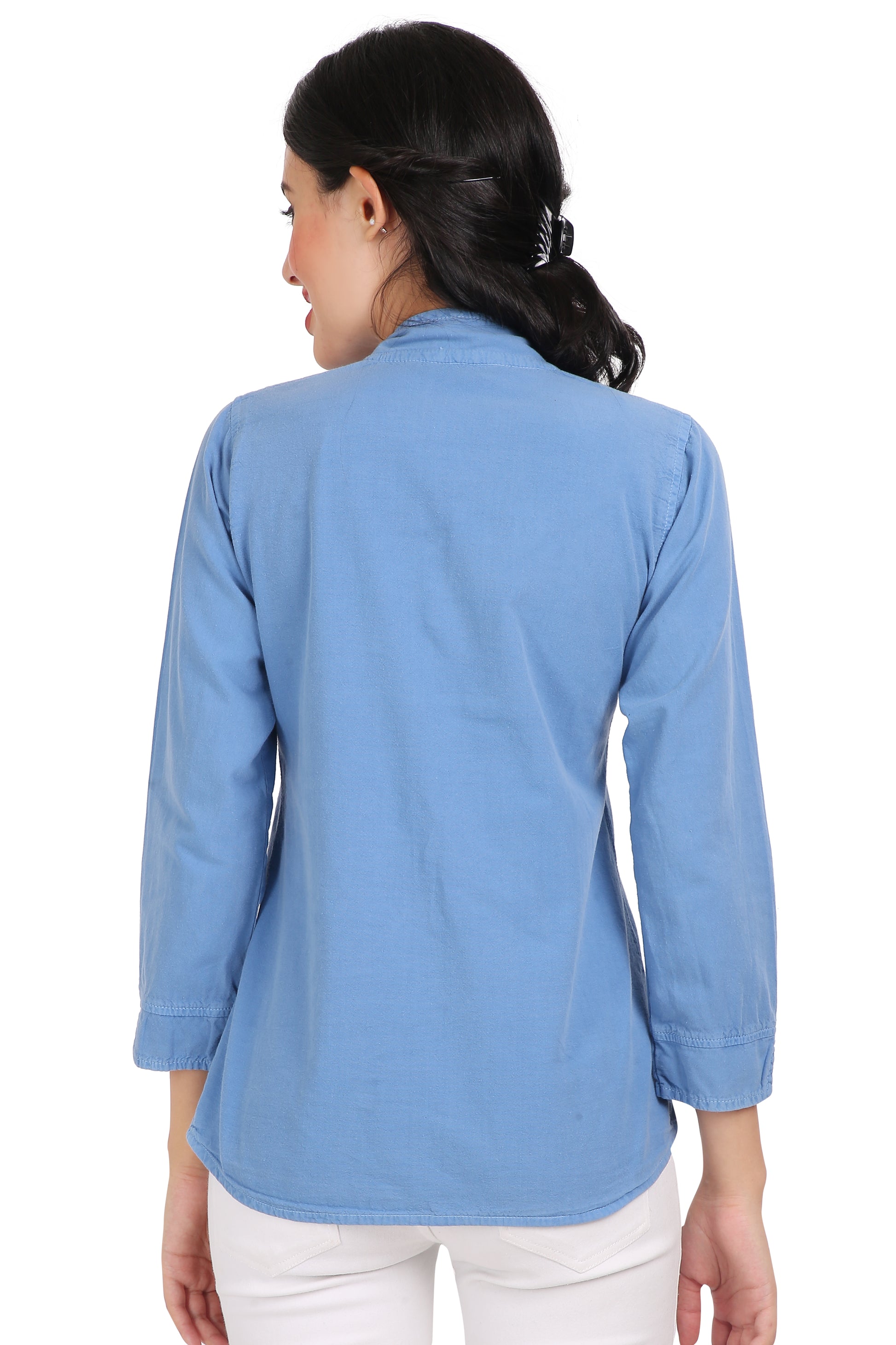 Cefalu Women’s Light Blue Denim Top with Full Sleeves – Back View