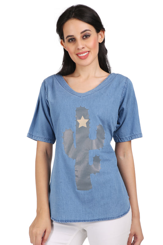 Front View of Cefalu Women's Blue Printed Denim Top - Casual Half Sleeve with V-Neck Design