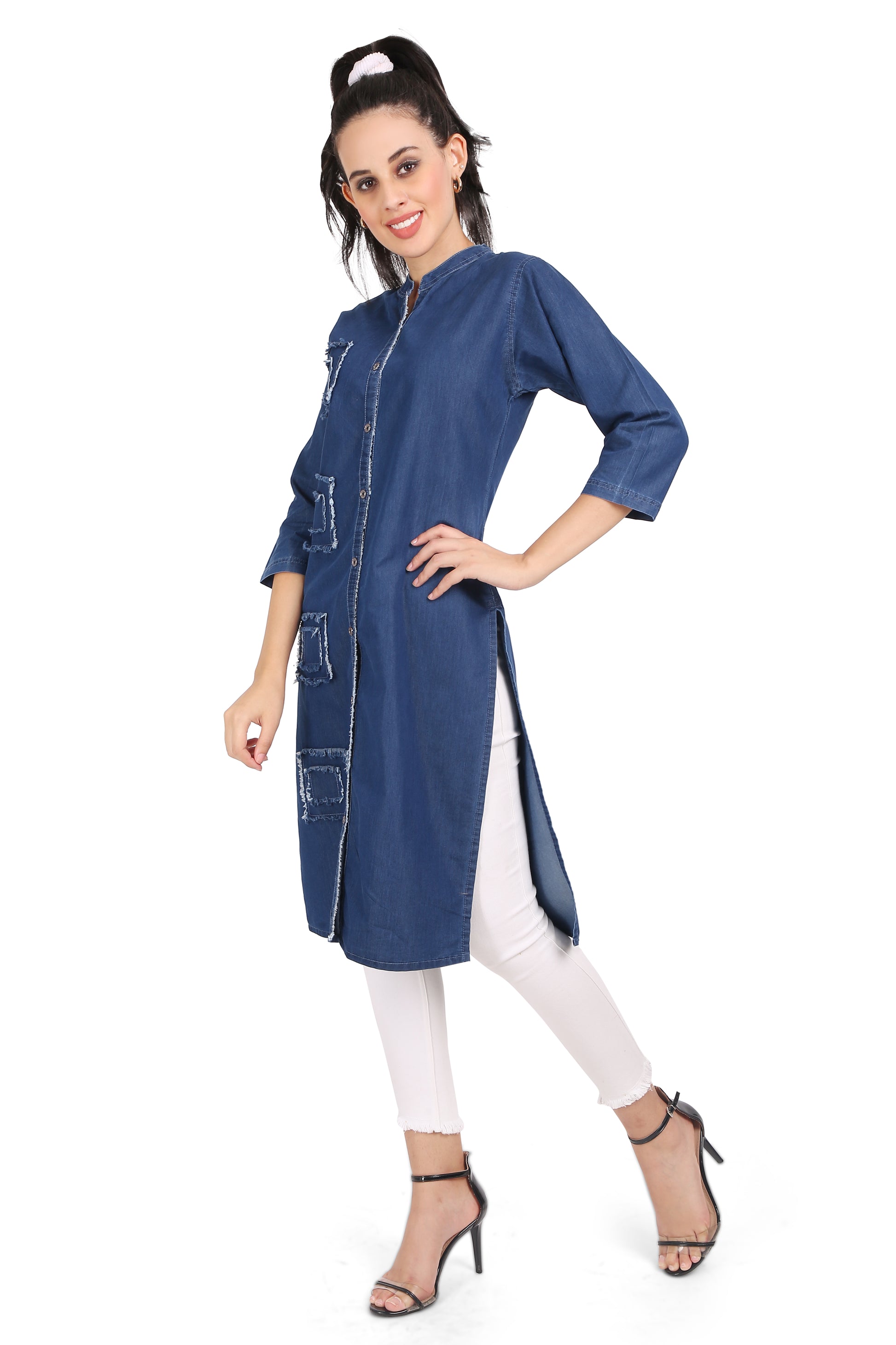 Side view of Cefalu®️ Women’s Dark Blue Patchwork Denim Kurti showcasing the 3/4 sleeves and A-line cut.