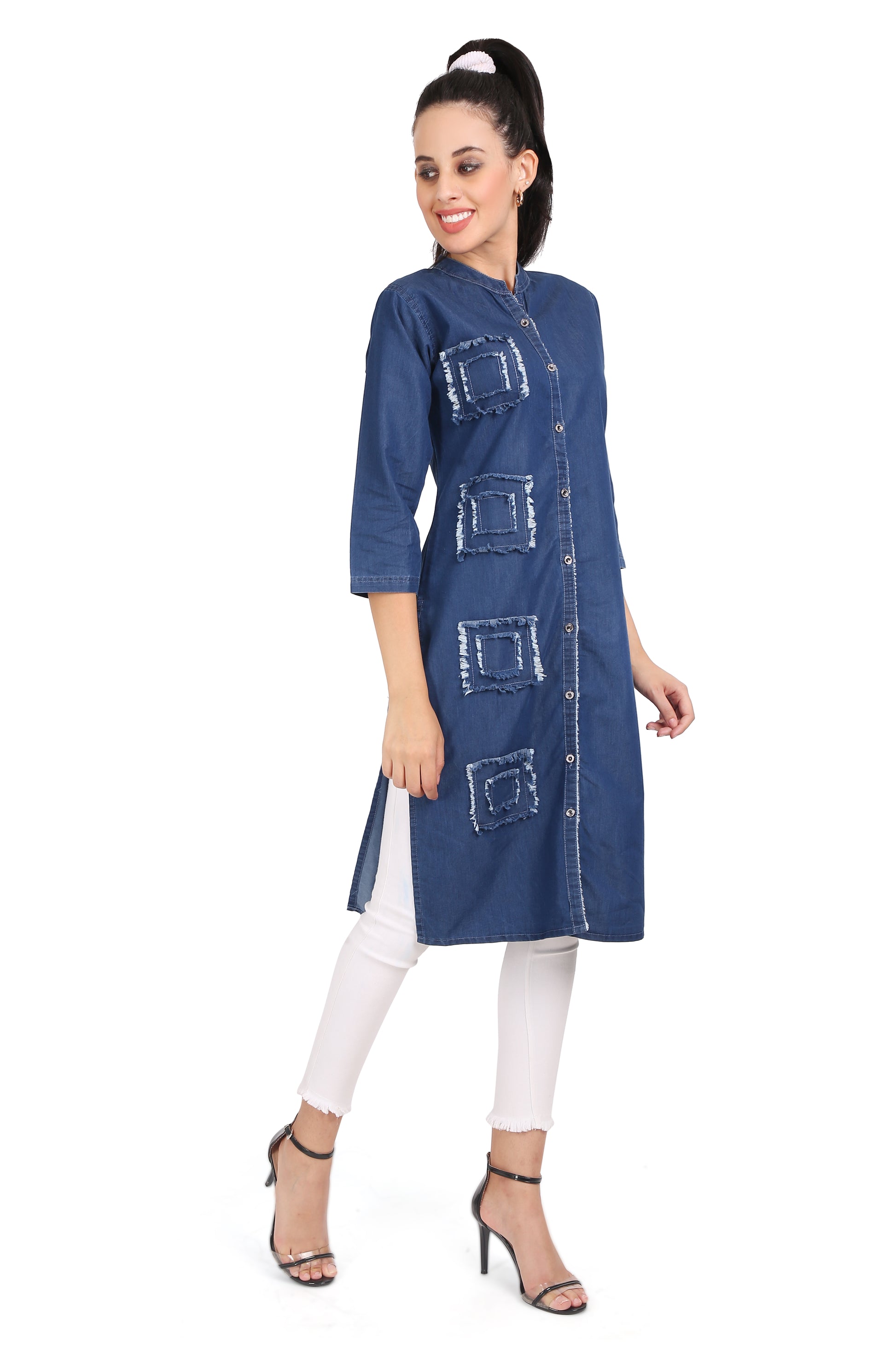 Full model view of Cefalu®️ Women’s Dark Blue Patchwork Denim Kurti, displaying the stylish A-line fit, mandarin collar, and patchwork details.