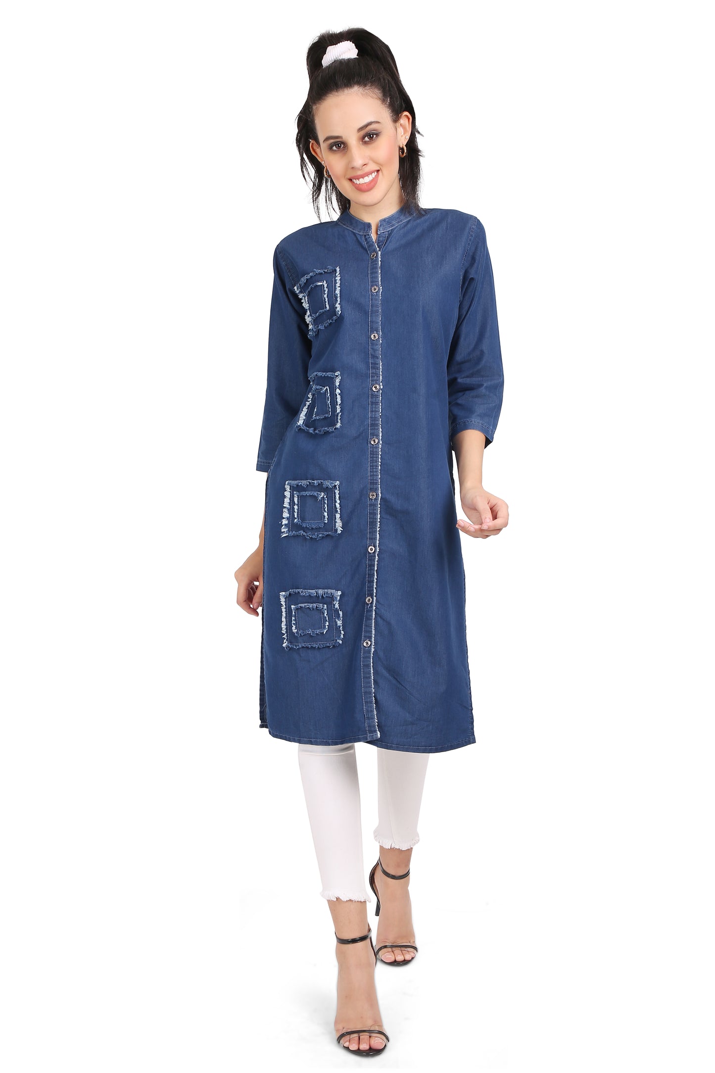 Front view of Cefalu®️ Women’s Dark Blue Patchwork Denim Kurti with A-line cut, mandarin collar, and unique patchwork design.