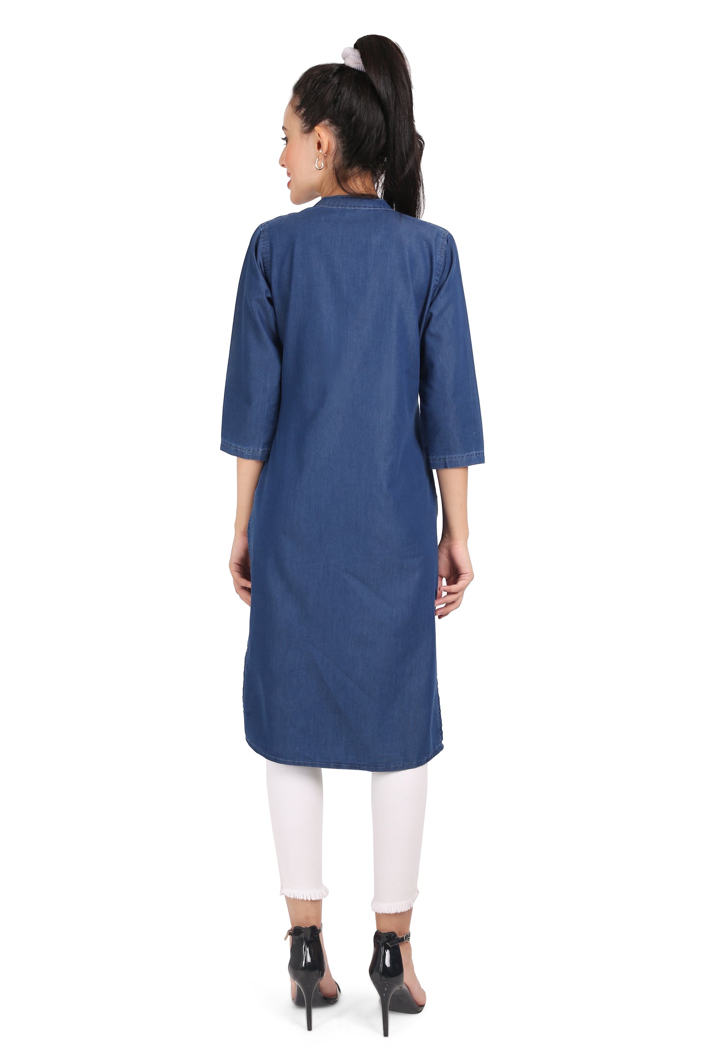 Back view of Cefalu®️ Women’s Dark Blue Patchwork Denim Kurti showing the A-line silhouette and overall design.