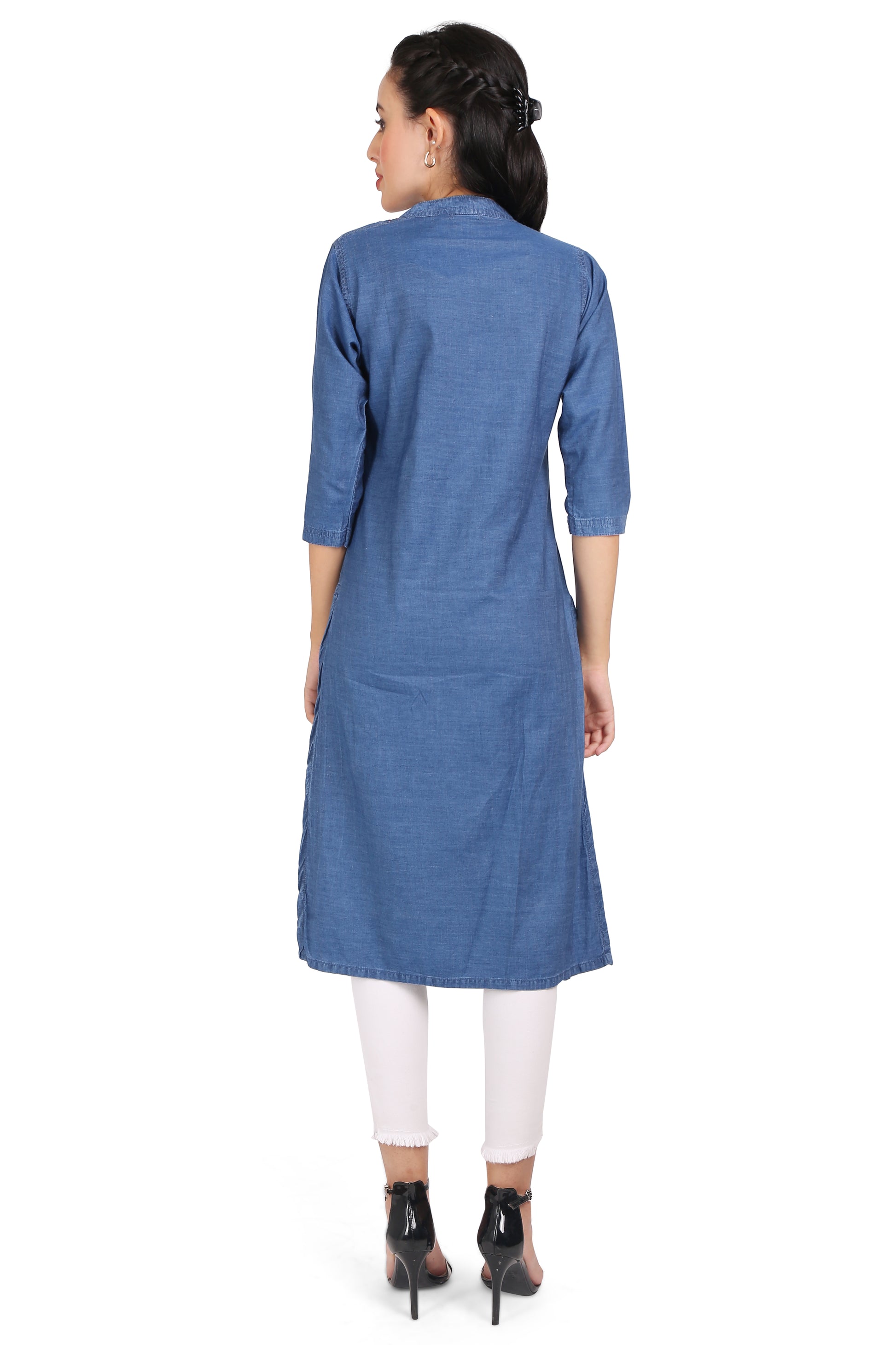 Back view of Cefalu®️ Women’s Blue Denim Kurti, highlighting the clean lines and straight cut.