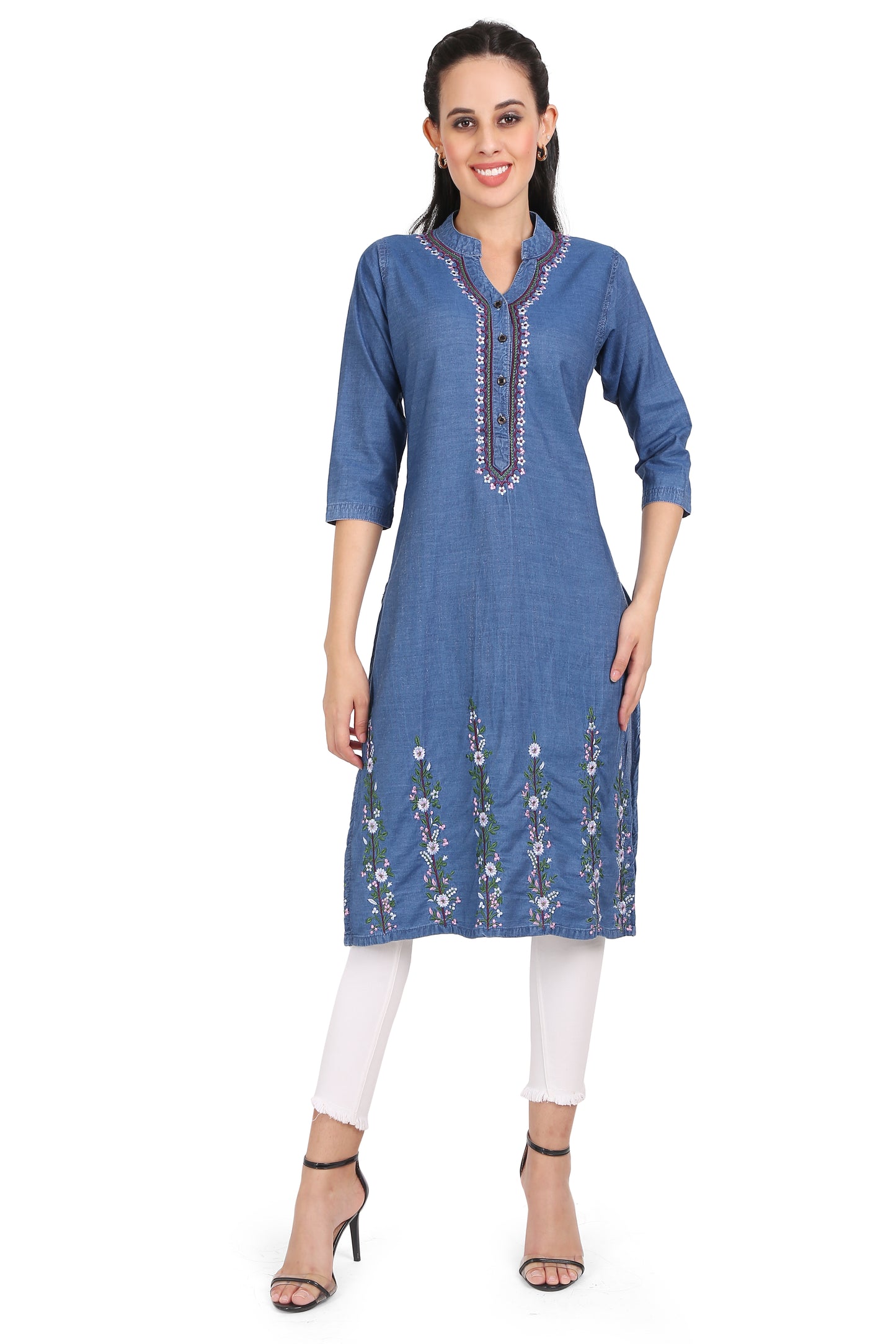 Cefalu®️ Women’s Blue Denim Kurti featuring intricate embroidery, mandarin collar, and 3/4 sleeves, falling below the knee.