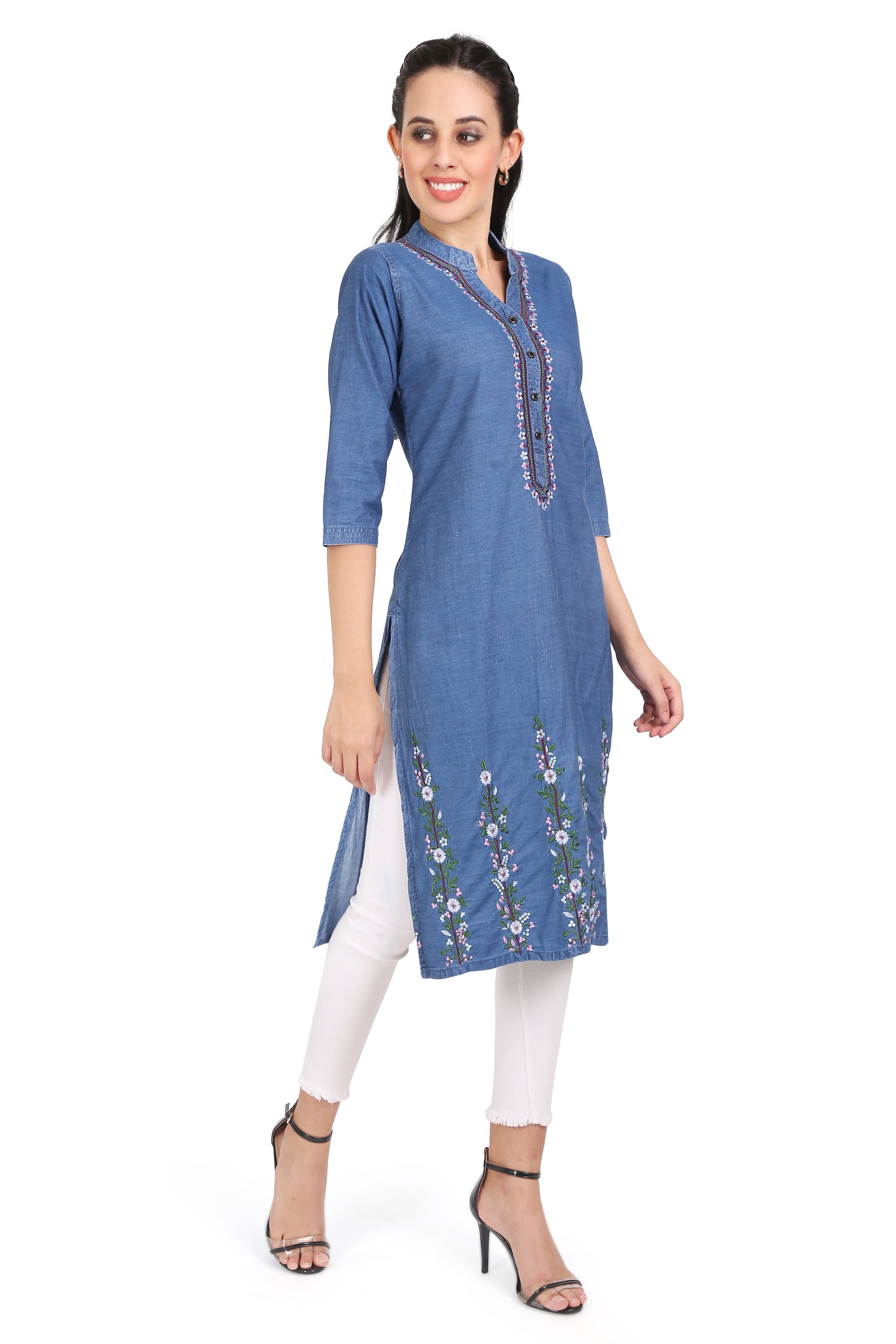 Side view of Cefalu®️ Women’s Blue Denim Kurti, displaying the straight fit, 3/4 sleeves, and elegant fall below the knee.