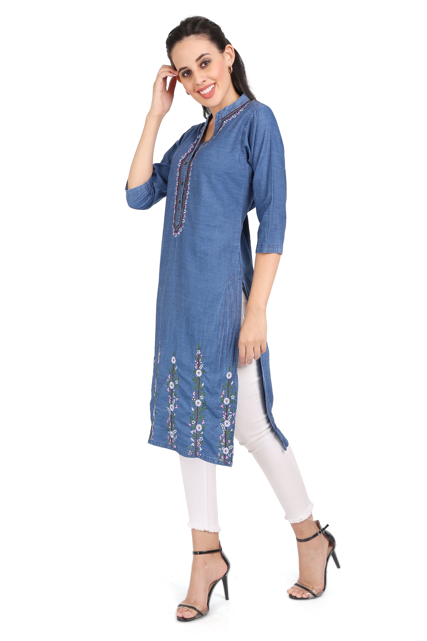 Cefalu®️ Women’s Blue Denim Kurti worn by a model, showcasing its fit, embroidery, mandarin collar, and 3/4 sleeves.