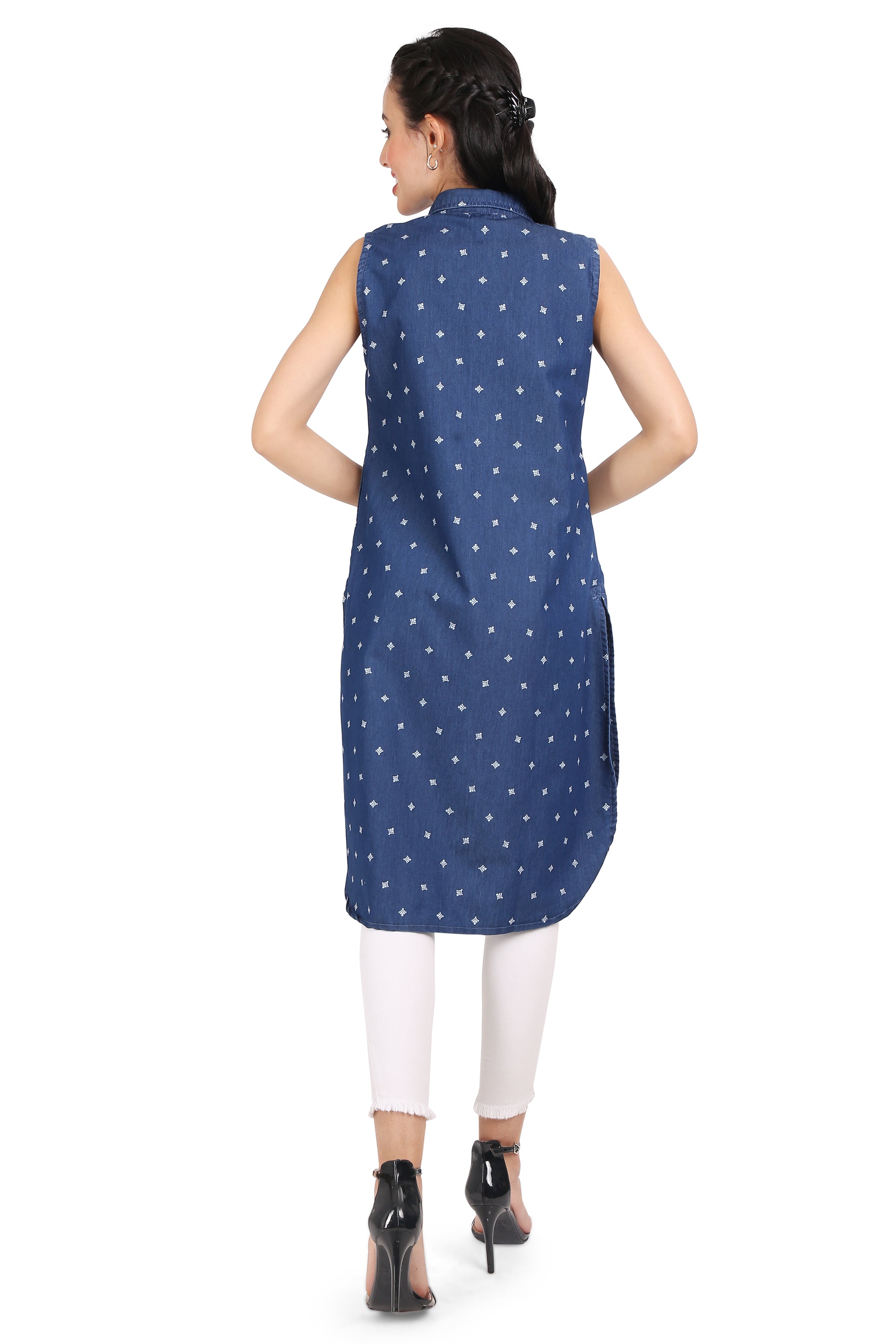 Back View of Cefalu Women's Blue Denim Kurti - Sleeveless High Low Design with Polka Print