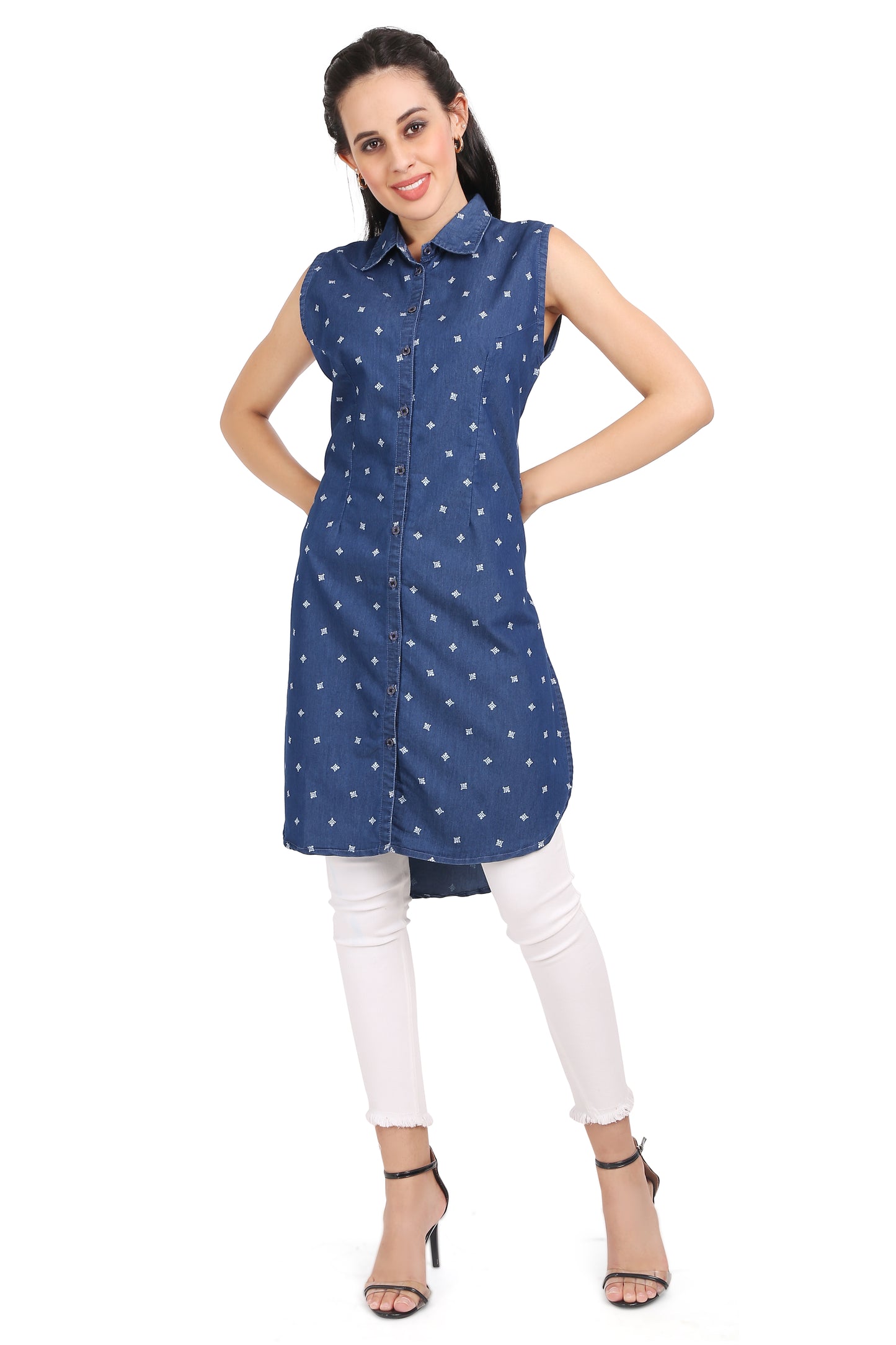 Front View of Cefalu Women's Blue Denim Kurti - Sleeveless High Low Design with Polka Print and Mandarin Collar