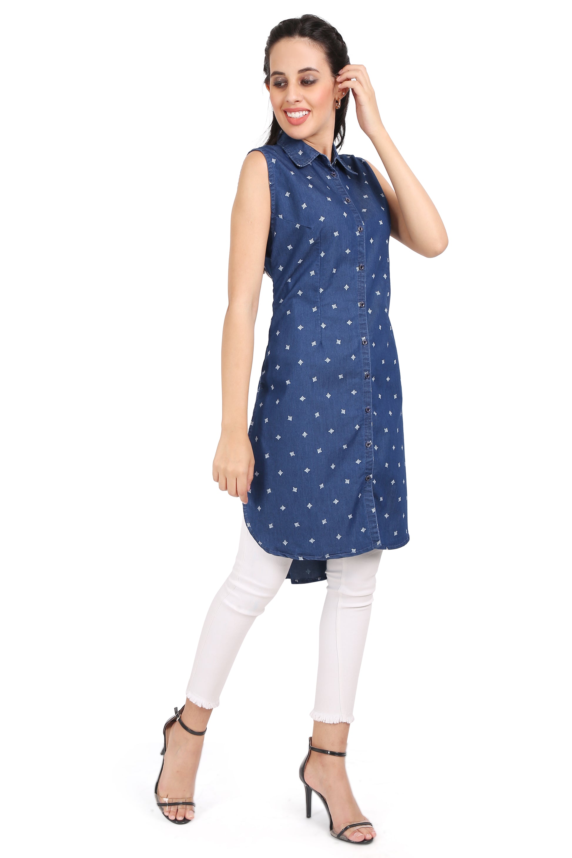 Cefalu Women's Blue Denim Kurti Styled with Accessories - Sleeveless High Low Cut with Polka Print