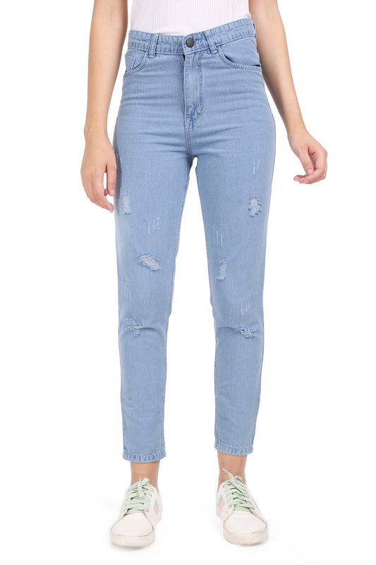 Front view of Cefalu Women’s Light Blue High-Waist Mom Jeans, highlighting the flattering high-rise fit, trendy distressing, and unique cat sketch art.