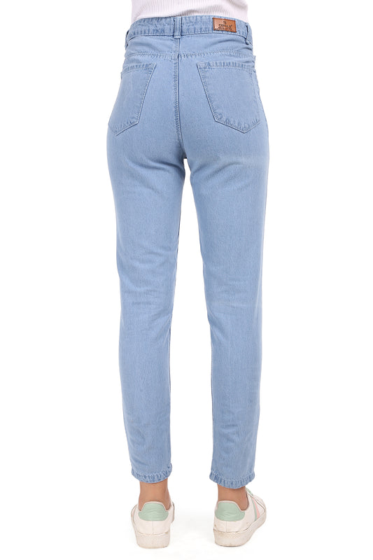Back view of Cefalu Women’s Light Blue High-Waist Mom Jeans, showcasing the smooth, tailored fit with modern distressing and artistic cat sketches.