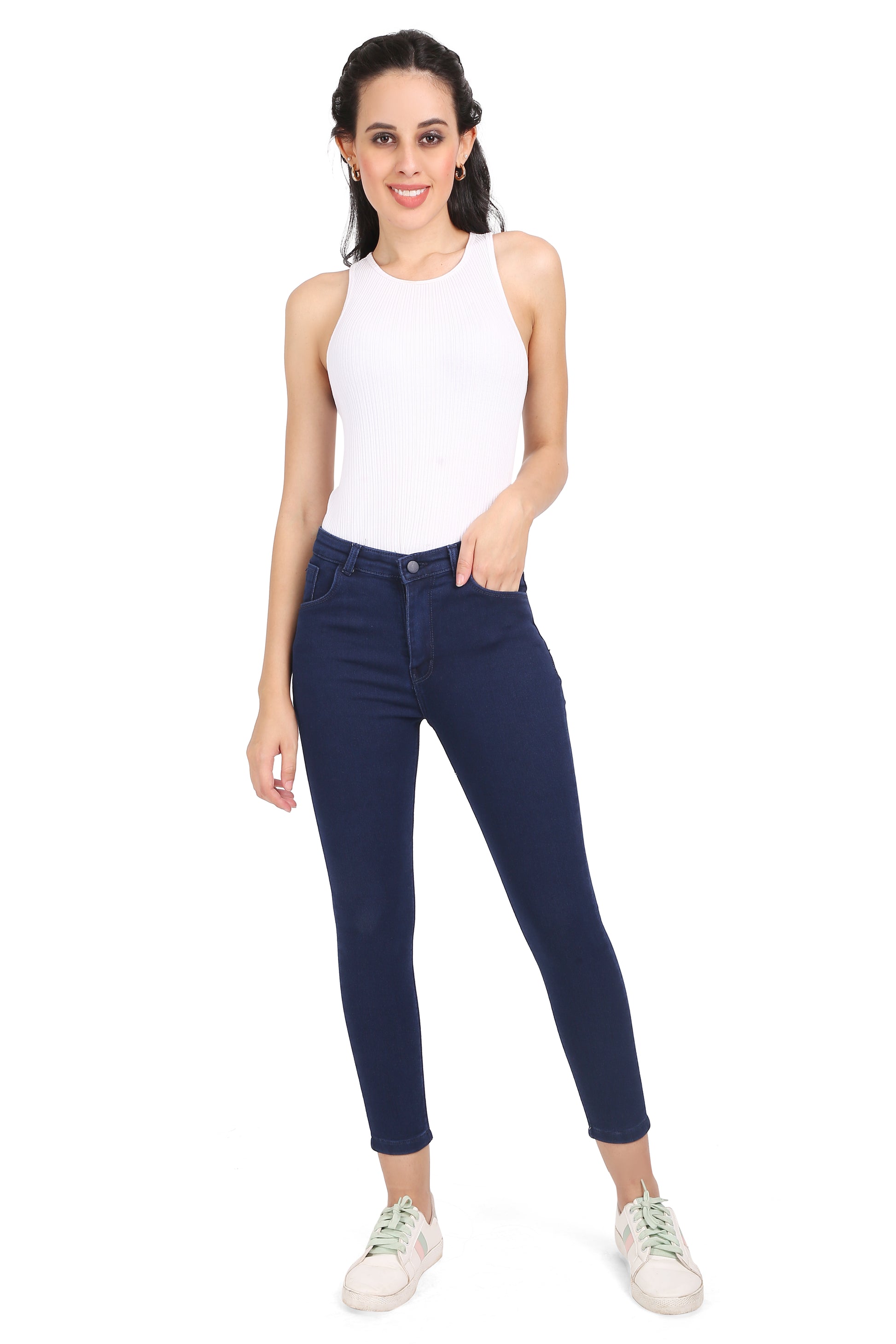 Full-length view of a model wearing Cefalu®️ Women’s Dark Blue Skinny Jeans, displaying the flattering fit and stylish design from top to bottom.