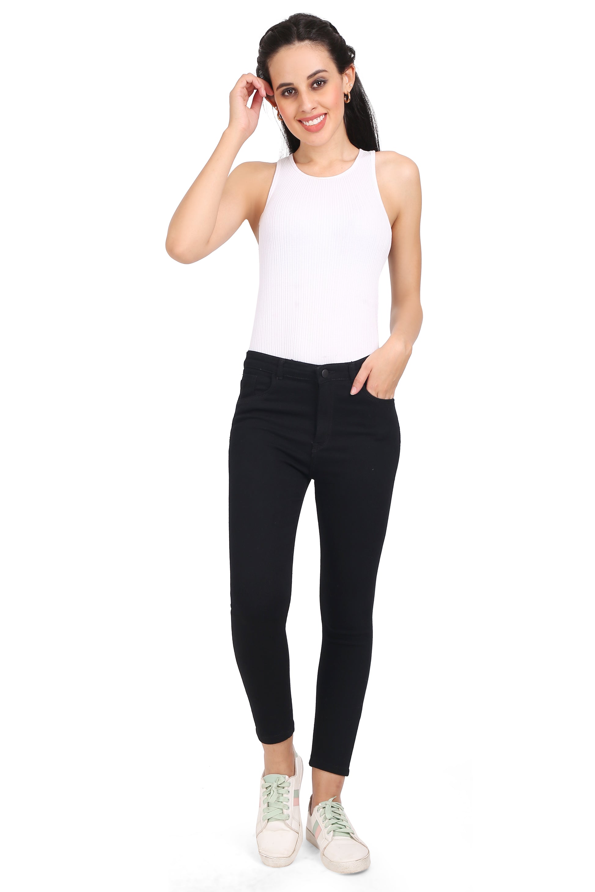 Full-length view of a model wearing Cefalu®️ Women’s Black Skinny Jeans, demonstrating the flattering fit and stylish design from top to bottom.