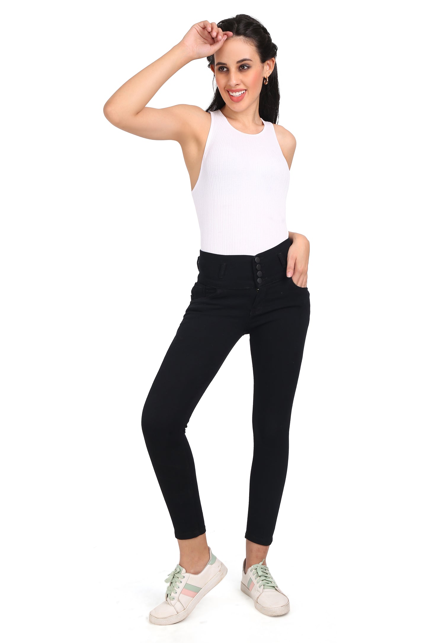 Full-length view of a model wearing Cefalu®️ Women’s Black Skinny Jeans, displaying the flattering fit and modern design from top to bottom.