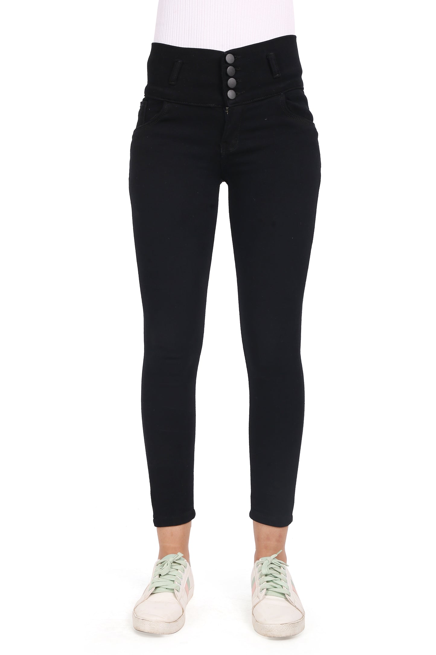 Front view of Cefalu®️ Women’s Black Skinny Jeans, showcasing the mid-rise waist and stylish four-button closure.