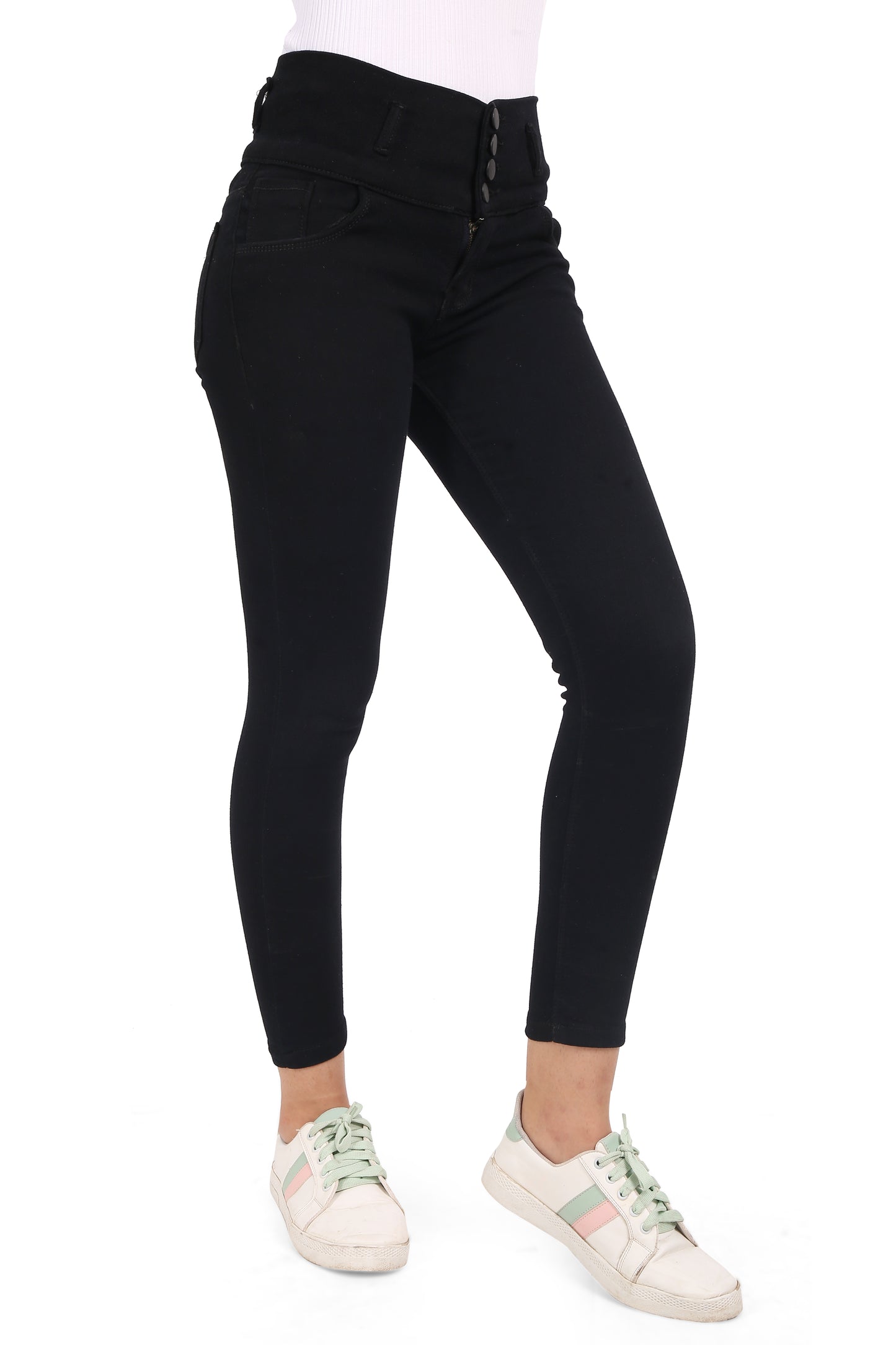 Side view of Cefalu®️ Women’s Black Skinny Jeans, highlighting the coin pocket, mid-rise waist with a four-button closure, and the sleek, skinny fit of the jeans.