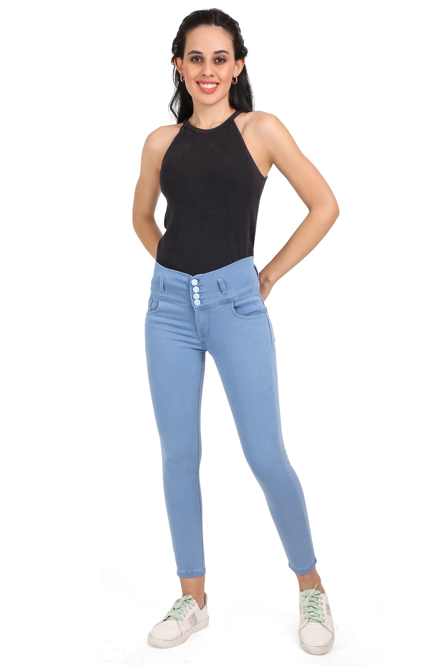 Full-length view of a model wearing Cefalu®️ Women’s Light Blue Skinny Jeans, showcasing the fit and style from top to bottom.