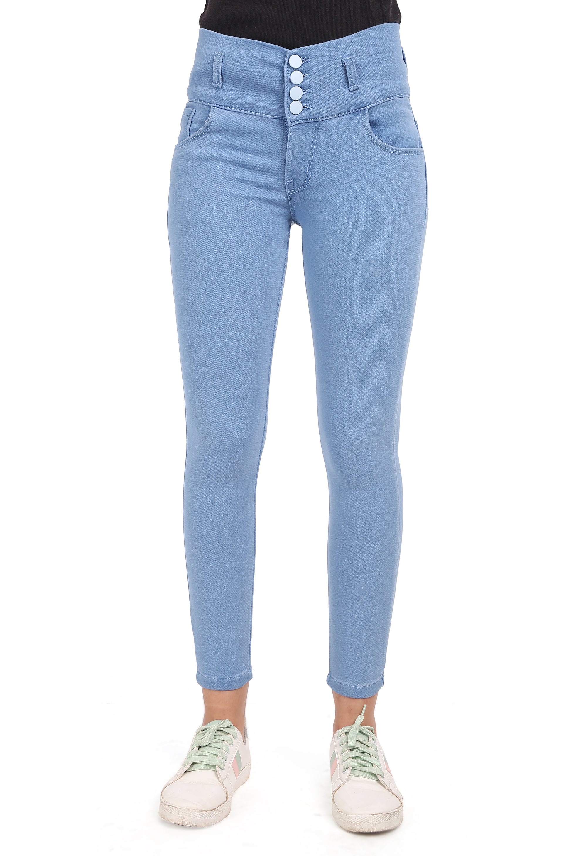 Front view of Cefalu®️ Women’s Light Blue Skinny Jeans featuring a mid-rise waist and four-button closure.