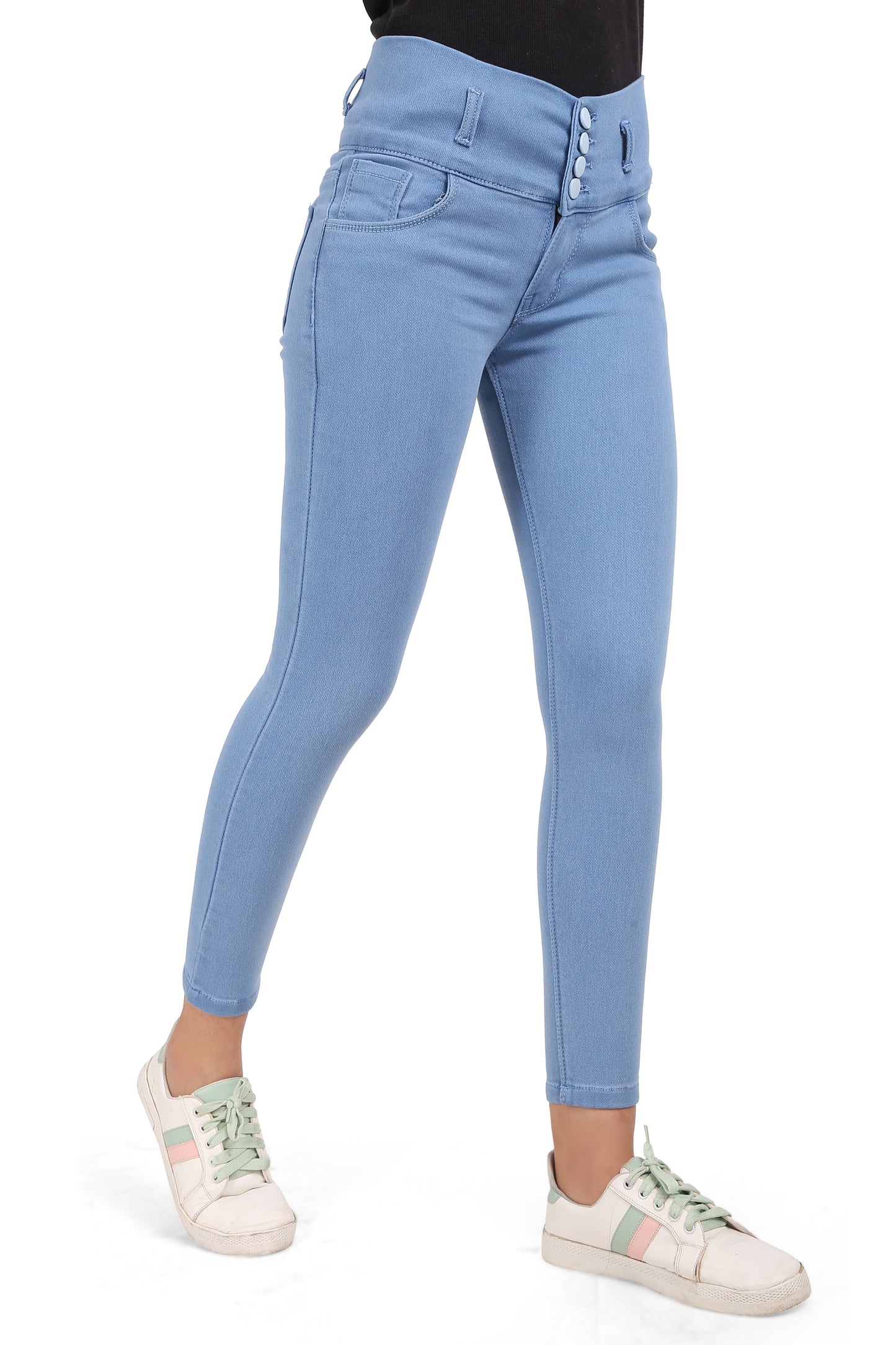 Side view of Cefalu®️ Women’s Light Blue Skinny Jeans showing the skinny fit and smooth silhouette.