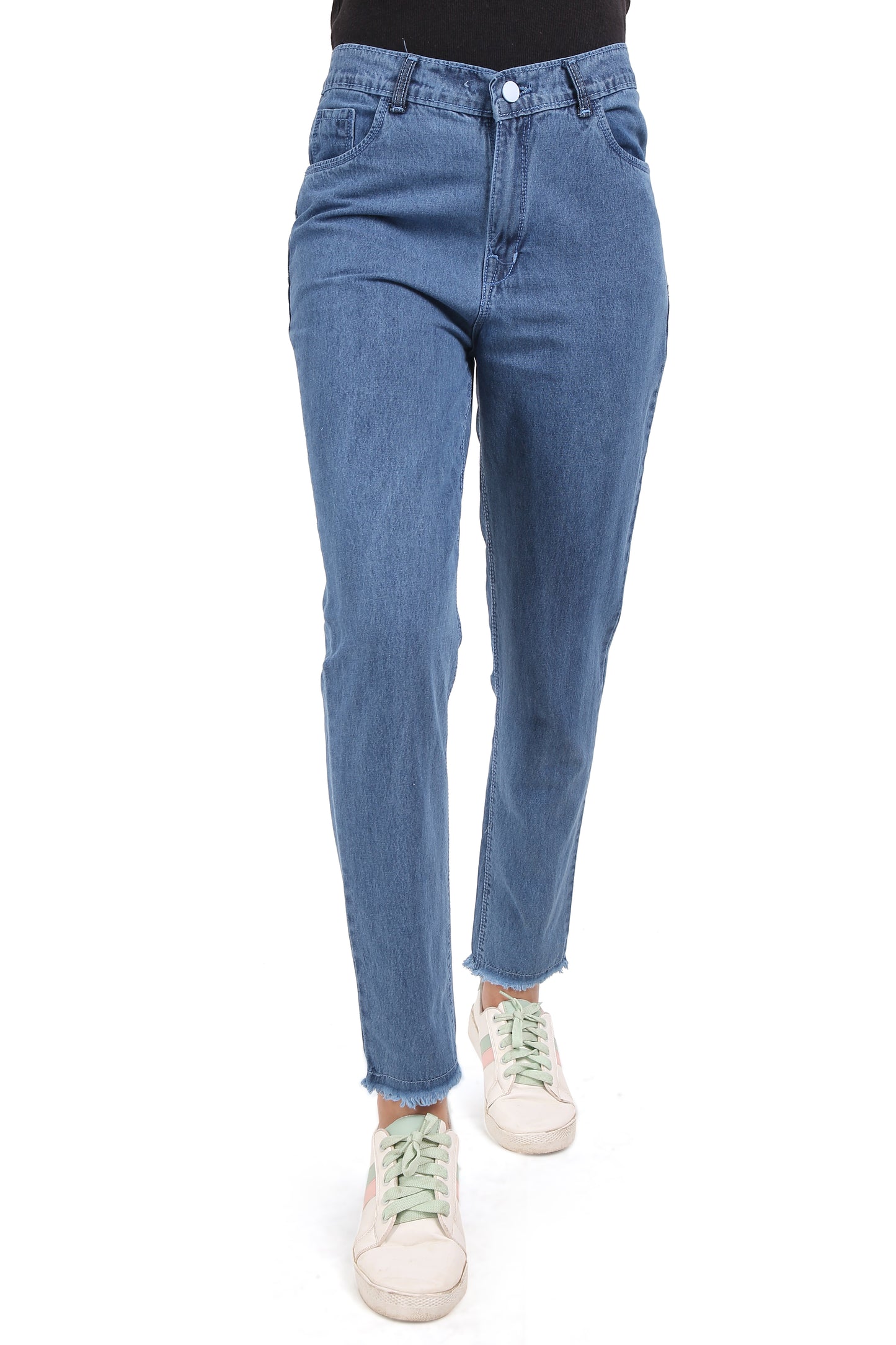 Front view of Cefalu Women’s High-Rise Relaxed Fit Cotton Denim Ankle-Length Slim Fit Jeans. The jeans feature a high-rise waist and slim fit cut, showcasing the modern and chic look of the premium denim cotton lycra blend.