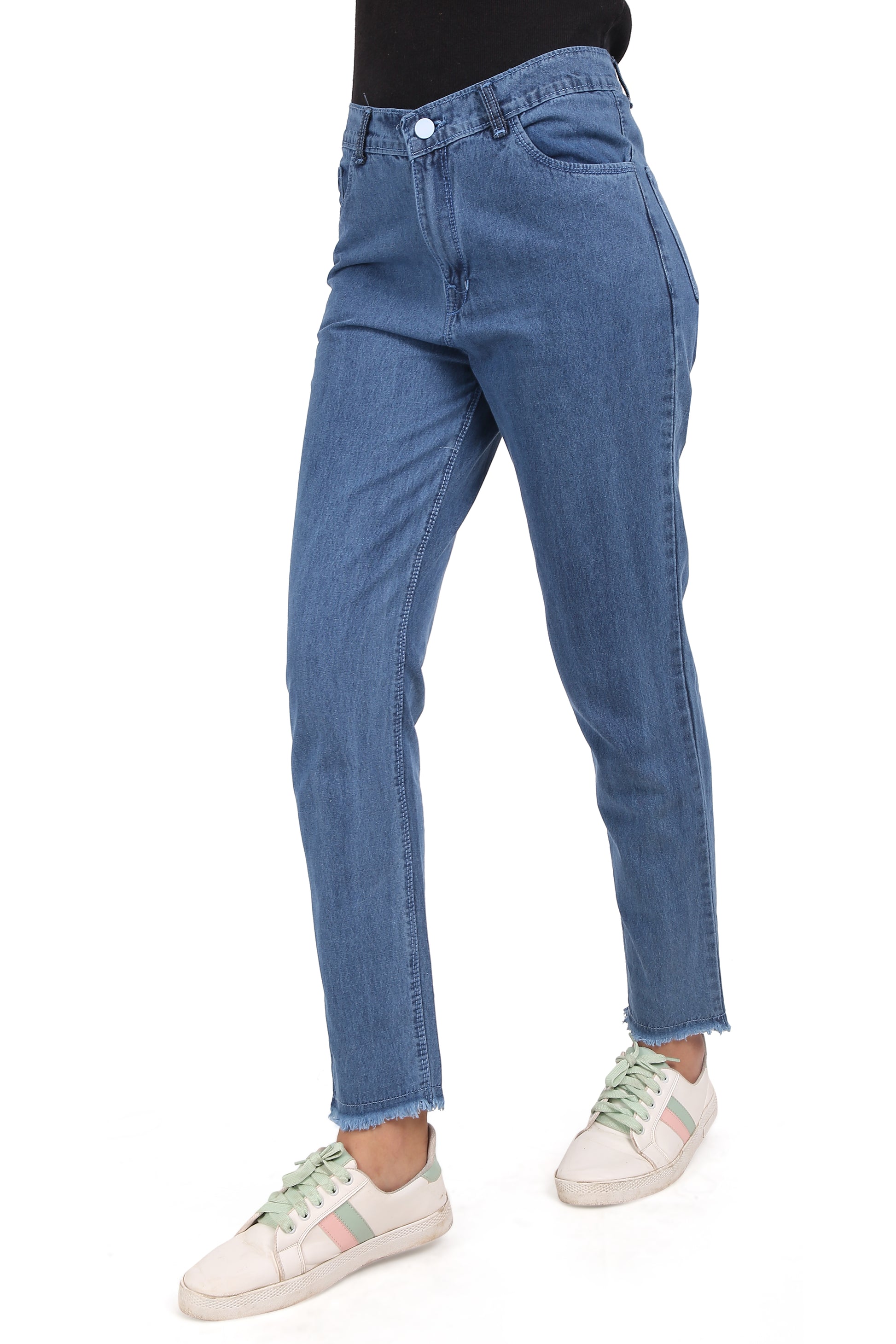 Side view of Cefalu Women’s High-Rise Relaxed Fit Cotton Denim Ankle-Length Slim Fit Jeans, emphasizing the soft and stretchy fabric and the elegant ankle-length cut. The jeans offer a comfortable and stylish silhouette.