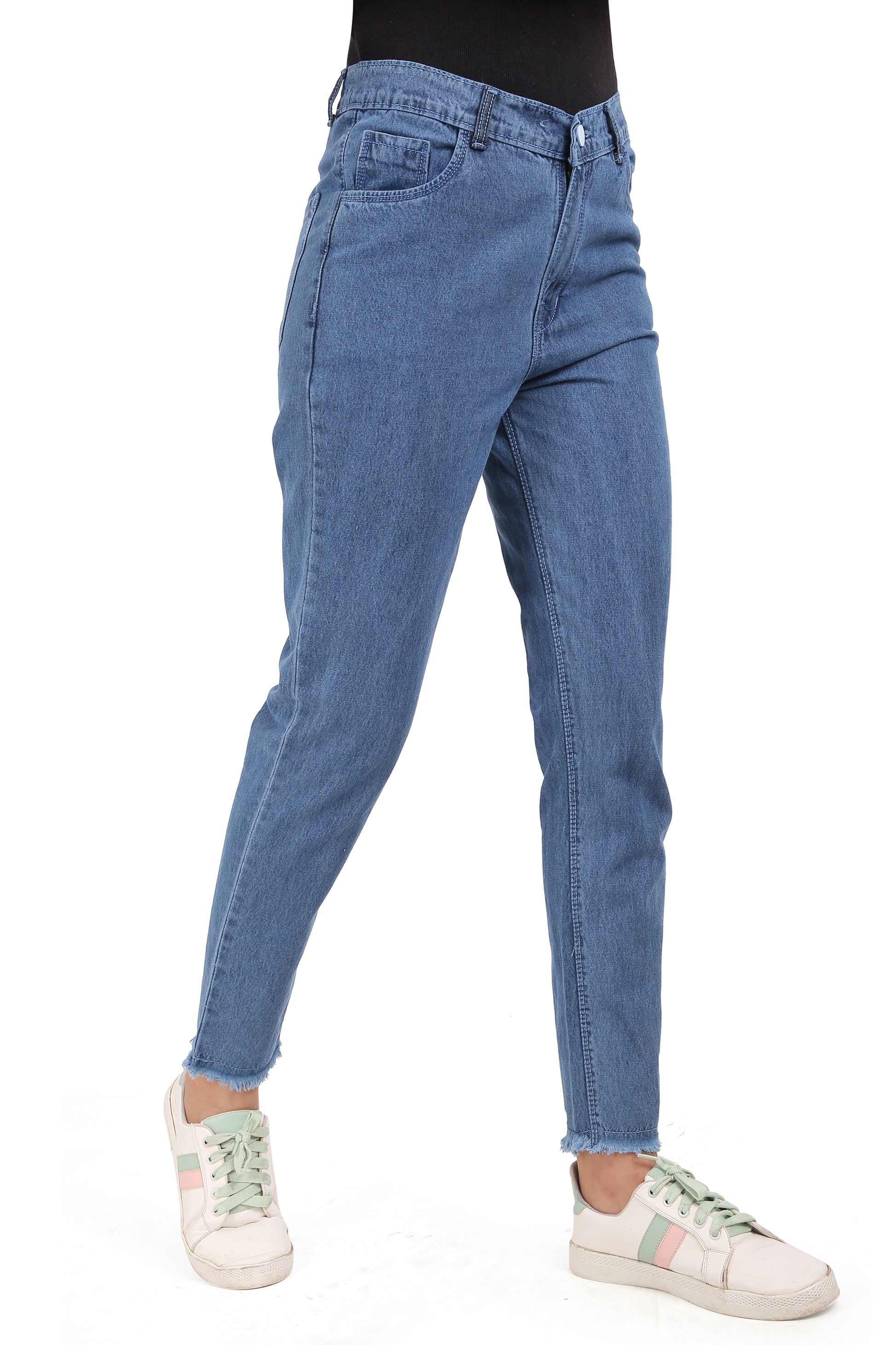 Side view of Cefalu Women’s High-Rise Relaxed Fit Cotton Denim Ankle-Length Slim Fit Jeans, emphasizing the soft and stretchy fabric and the elegant ankle-length cut. The jeans offer a comfortable and stylish silhouette.