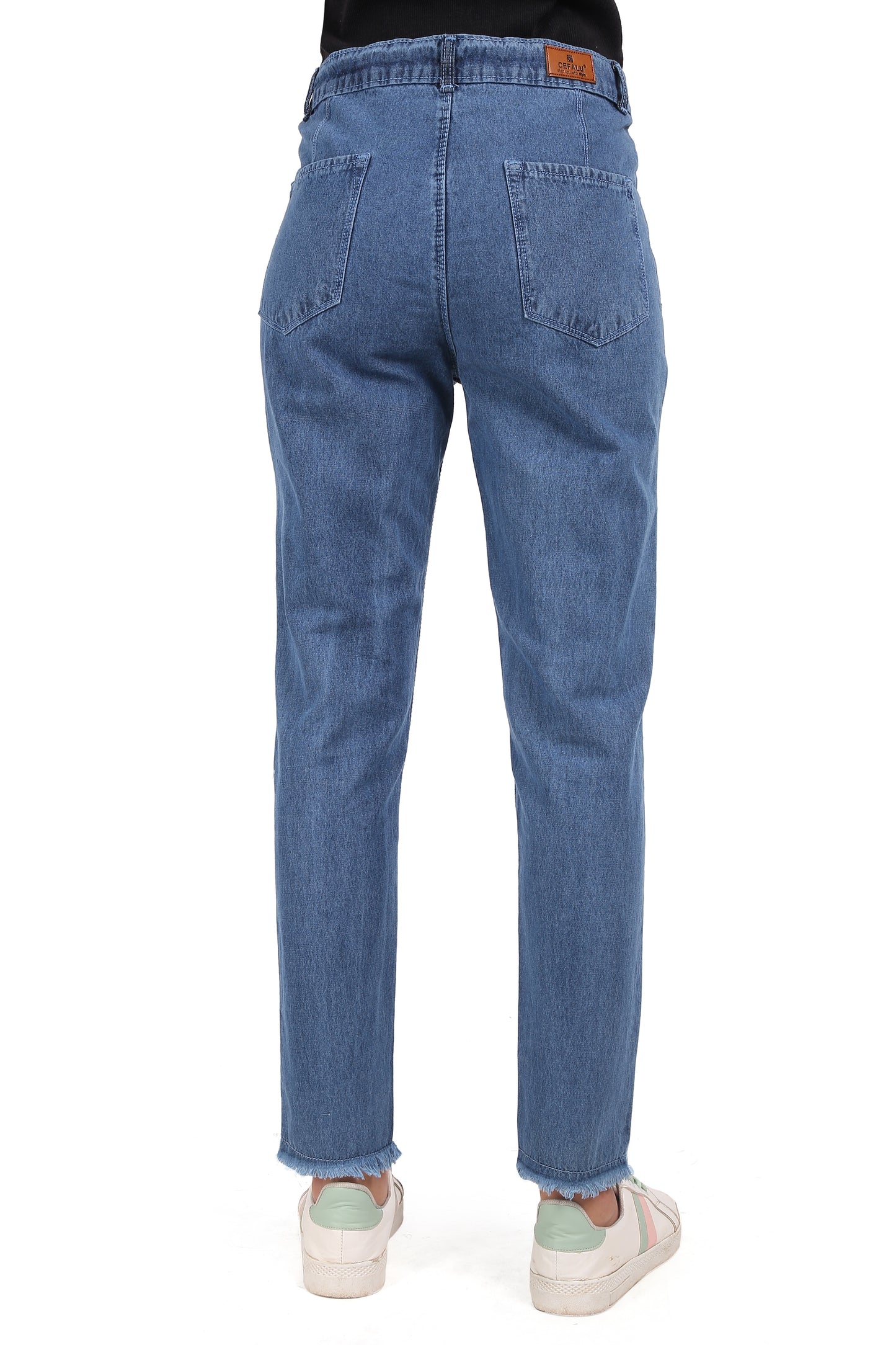 Back view of Cefalu Women’s High-Rise Relaxed Fit Cotton Denim Ankle-Length Slim Fit Jeans, highlighting the flattering high-rise design and sleek fit. The premium denim fabric ensures a smooth, tailored appearance.